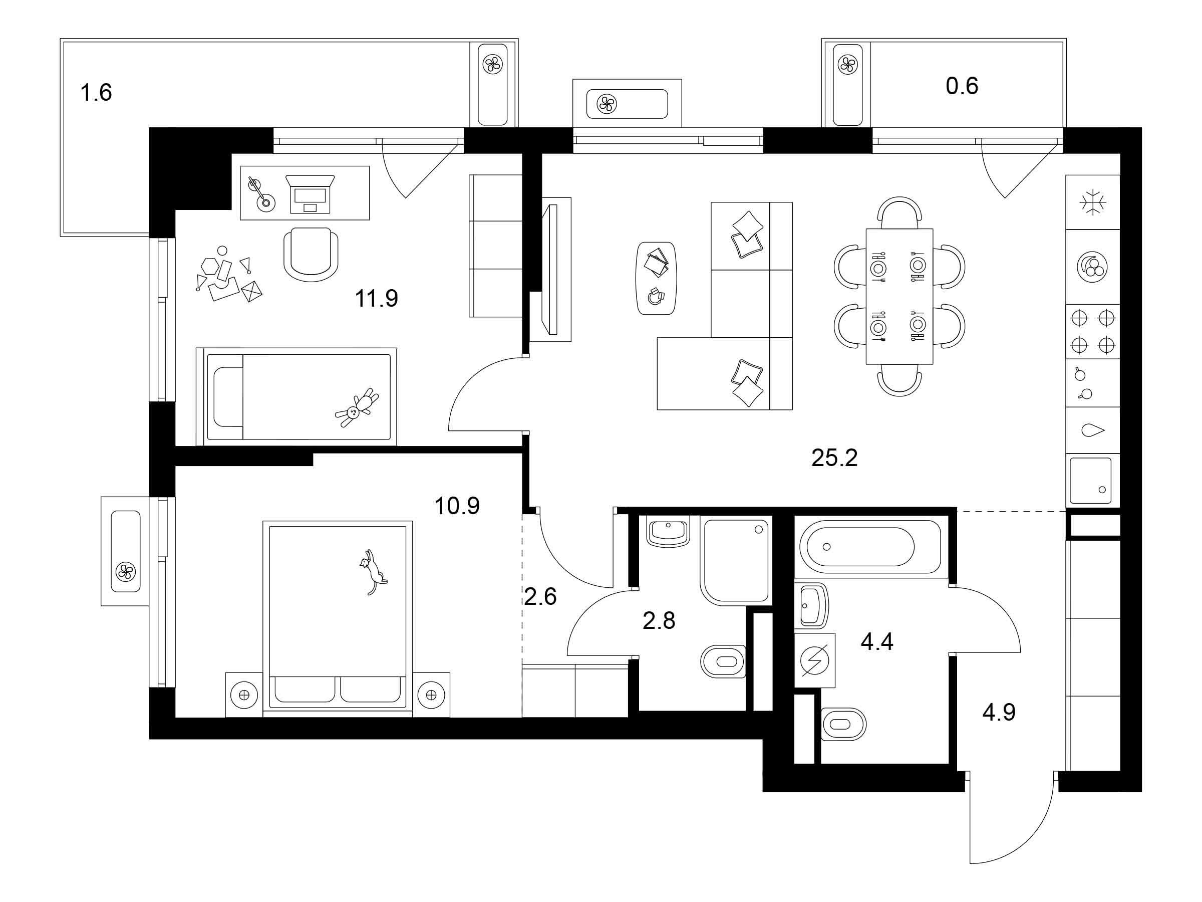 Планировка: 2-комн. квартира 64.90 м² в новостройке Алтуфьевское 53