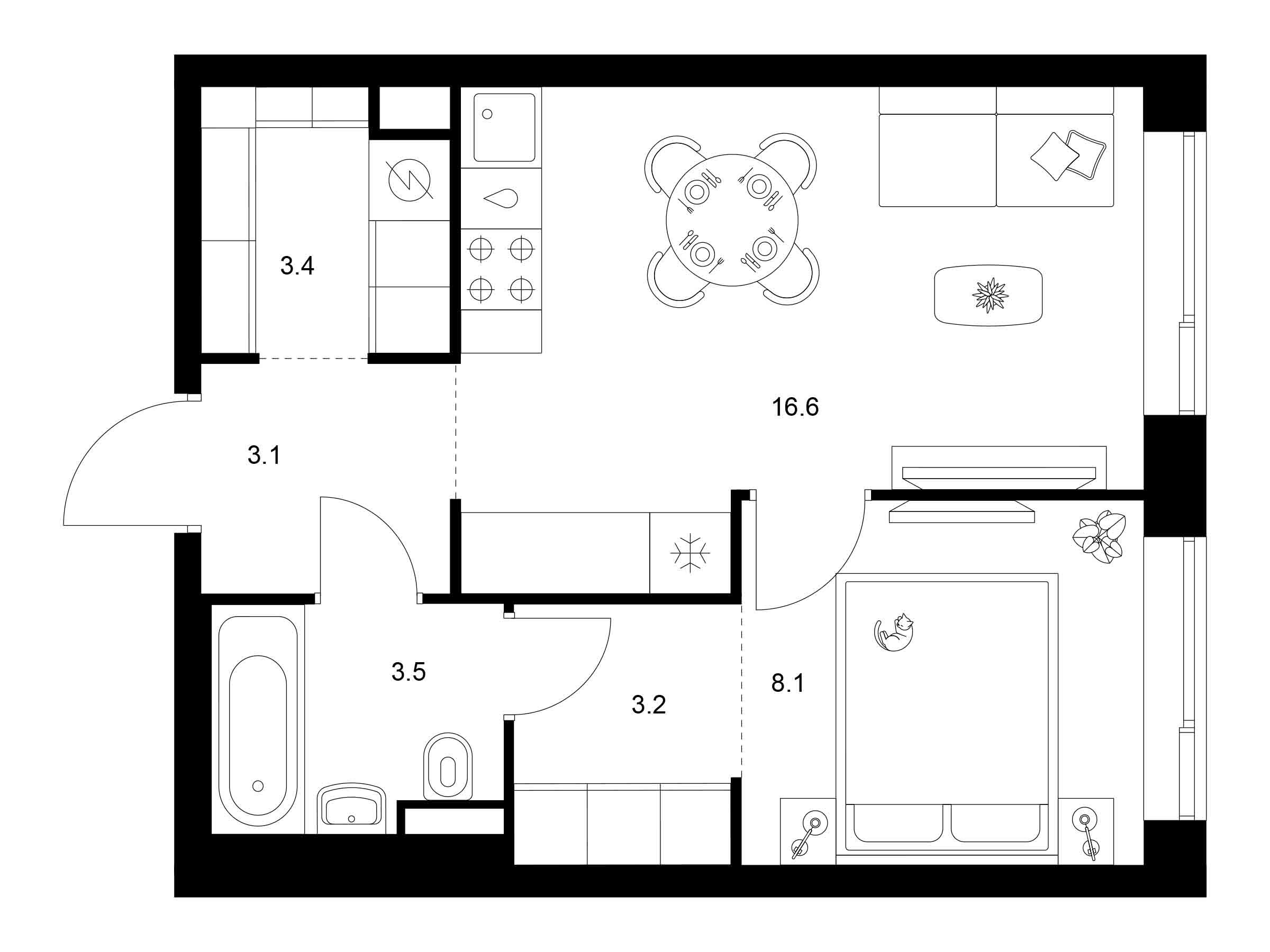 Планировка: 1-комн. квартира 37.90 м² в новостройке Алтуфьевское 53