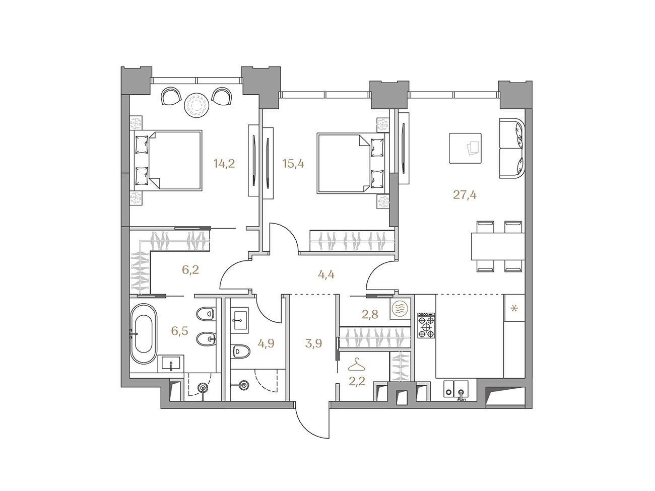 Планировка: 2-комн. квартира 87.90 м² в новостройке Коллекция Лужники