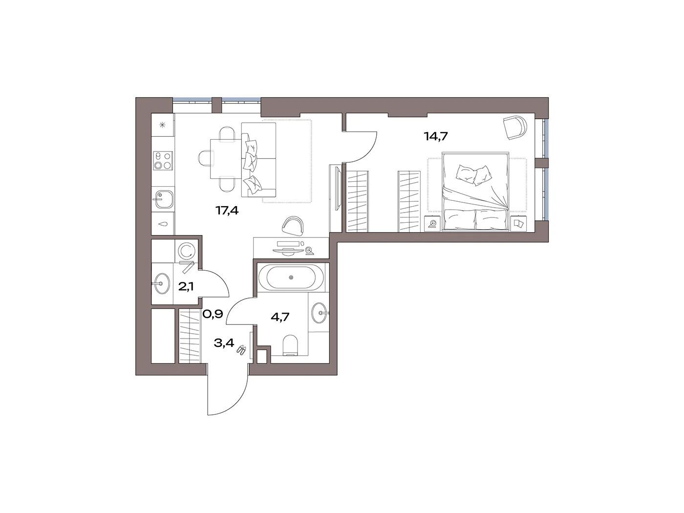 Планировка: 1-комн. квартира 43.20 м² в новостройке Акценты