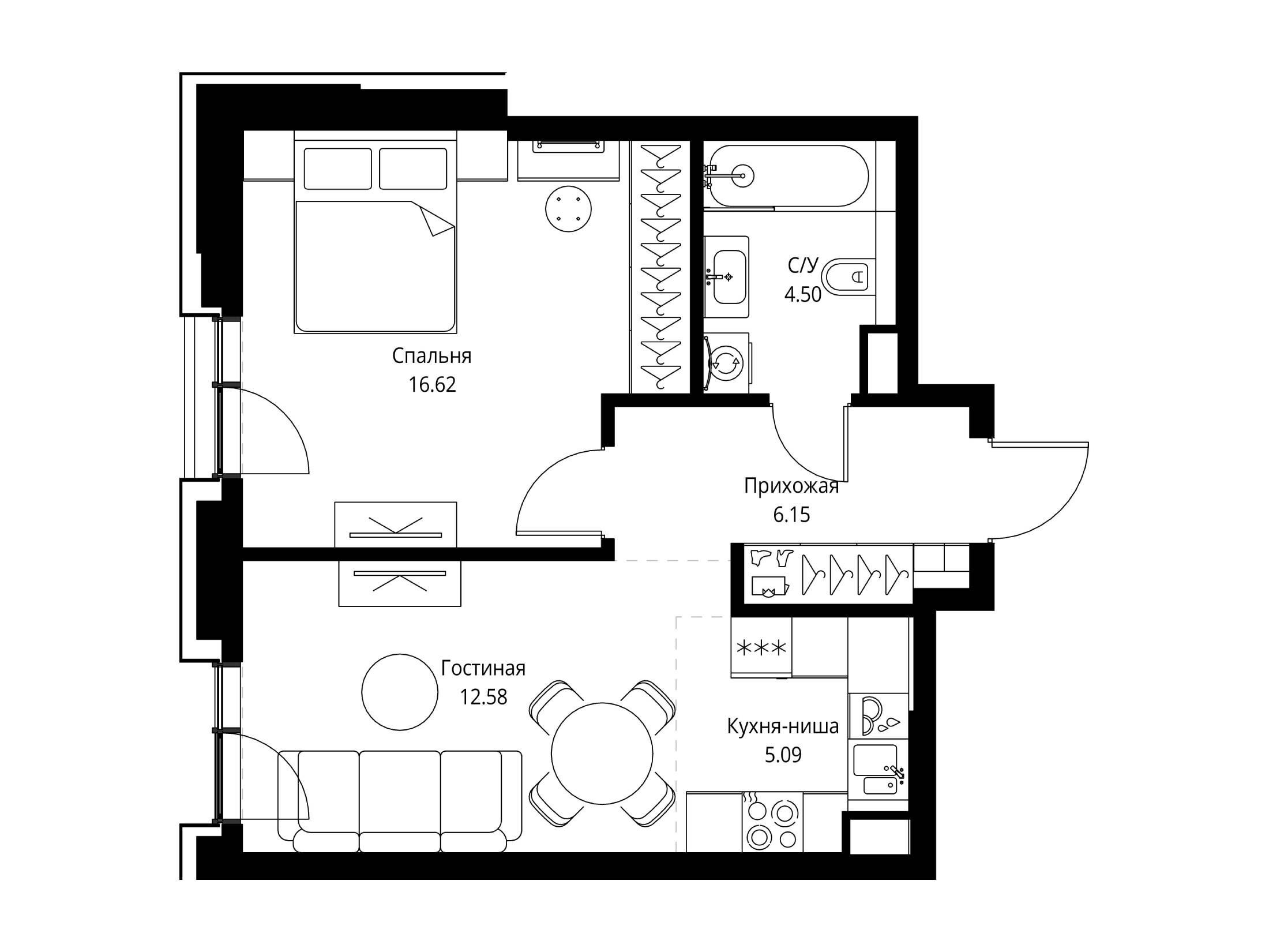 Планировка: 1-комн. квартира 44.94 м² в новостройке ЖК МИРА