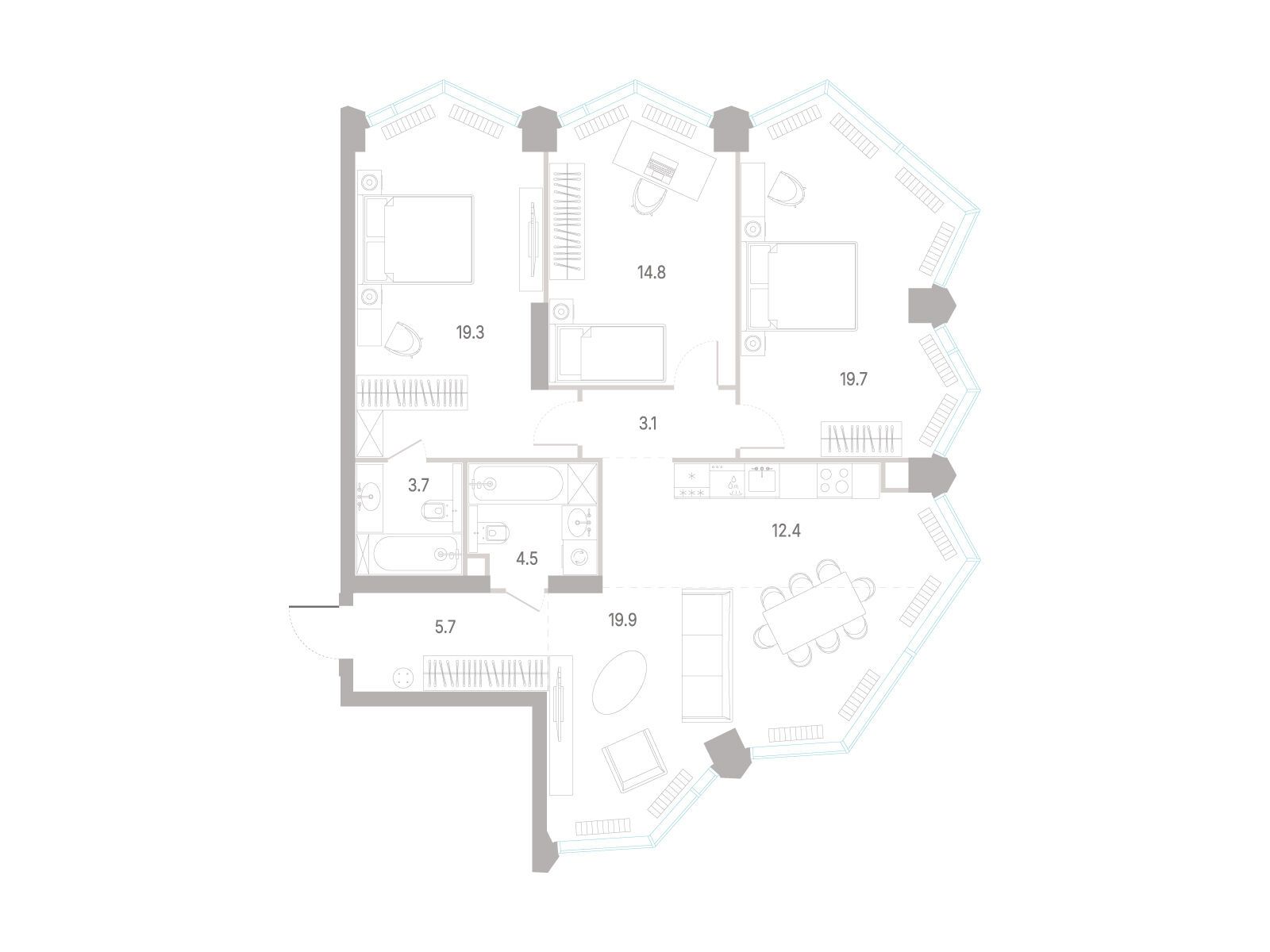 Планировка: 3-комн. квартира 103.10 м² в новостройке Код Сокольники