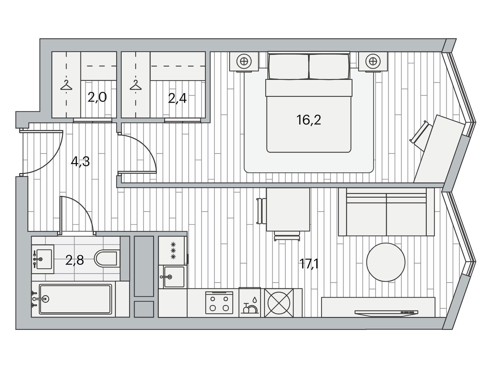 Планировка: 1-комн. квартира 44.60 м² в новостройке Береговой-2