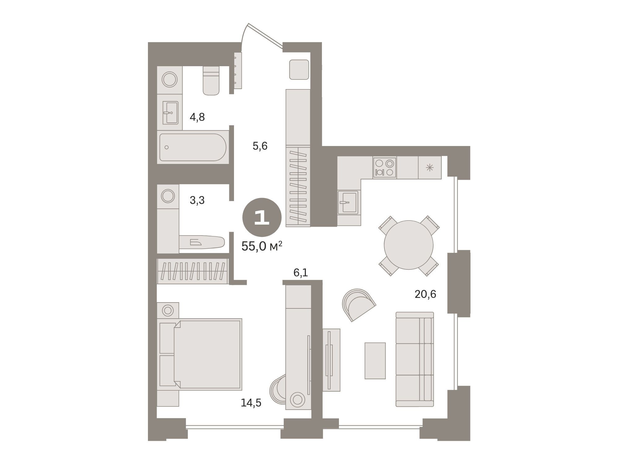 Планировка: 1-комн. квартира 55.10 м² в новостройке Монс
