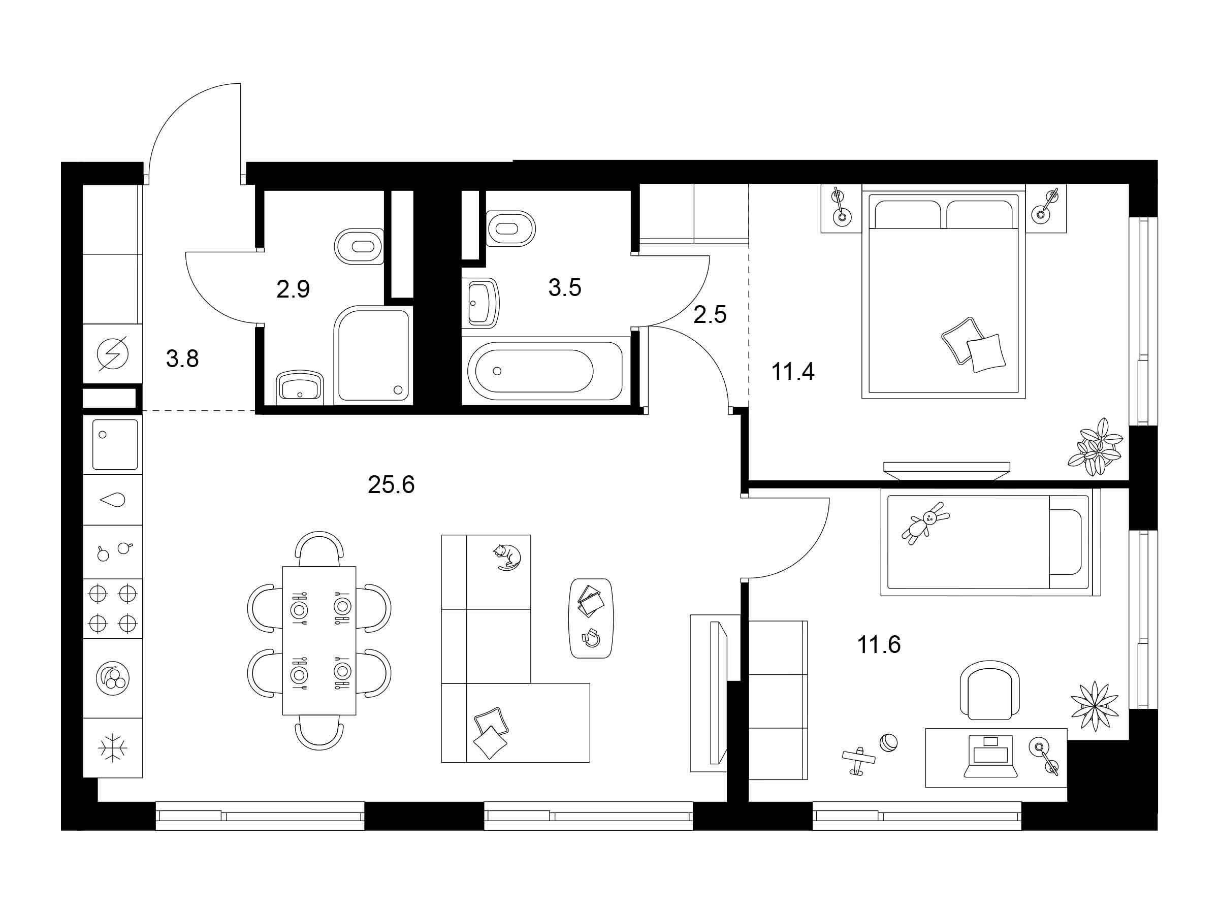 Планировка: 2-комн. квартира 61.30 м² в новостройке Алтуфьевское 53