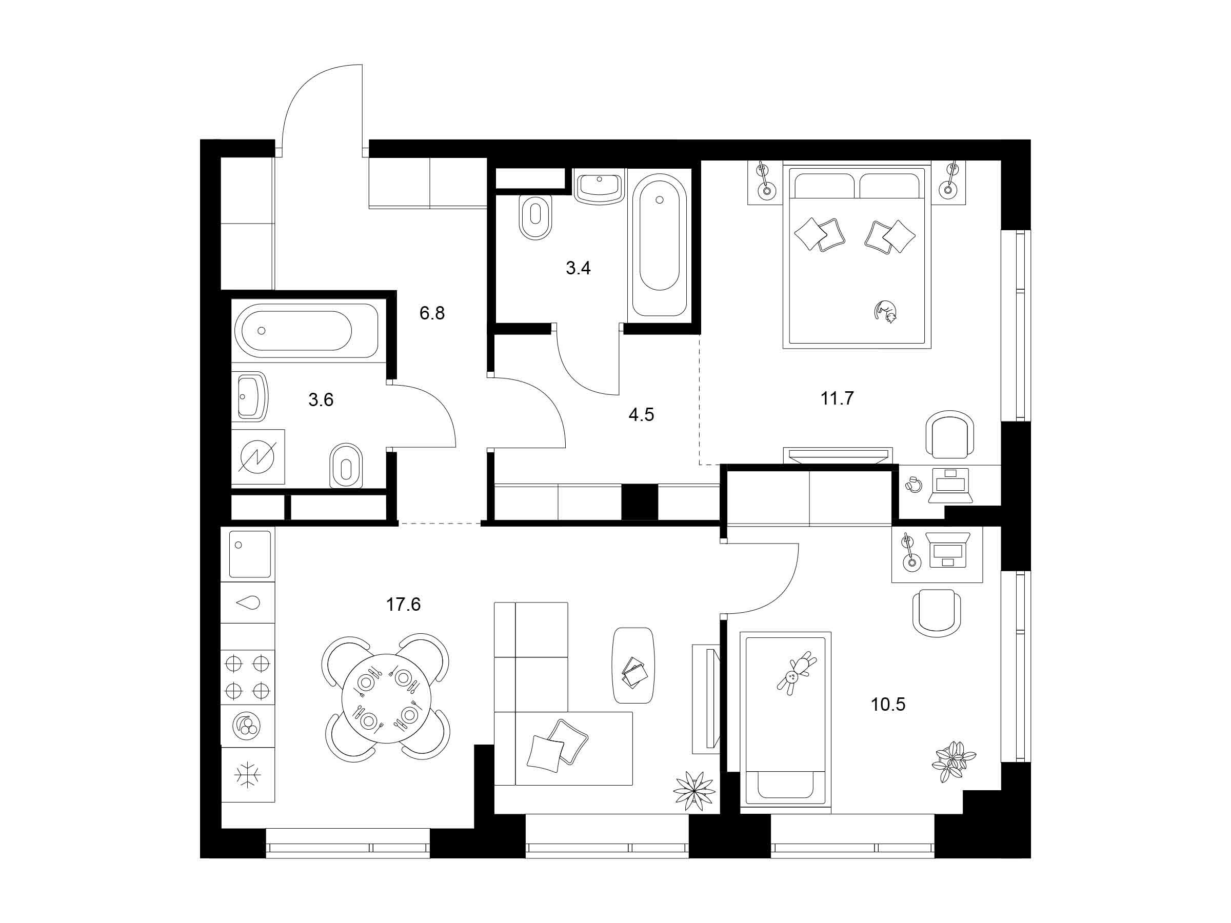 Планировка: 2-комн. квартира 58.10 м² в новостройке Бунинская набережная