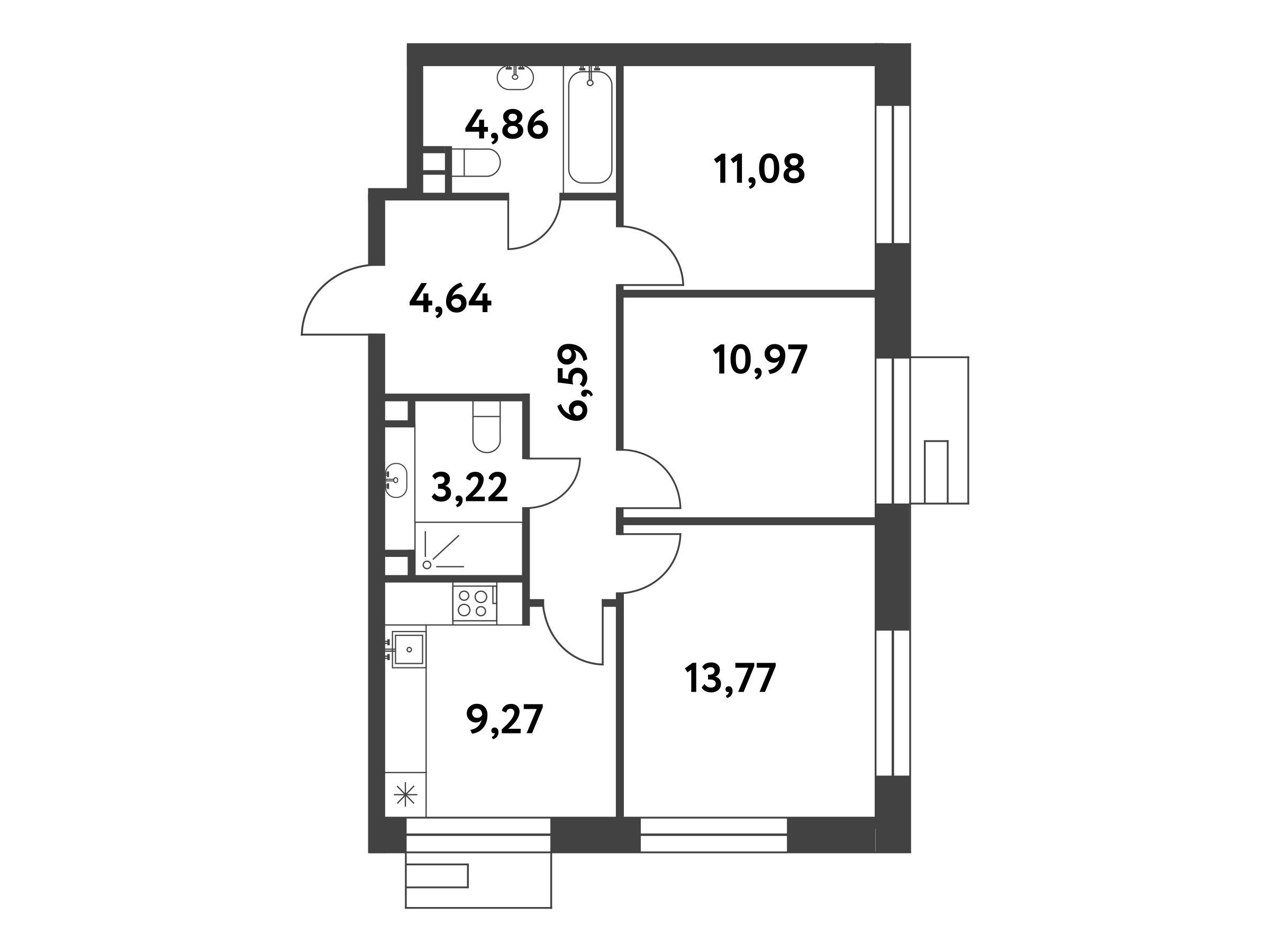 Планировка: 3-комн. квартира 64.30 м² в новостройке Смарт Гарден
