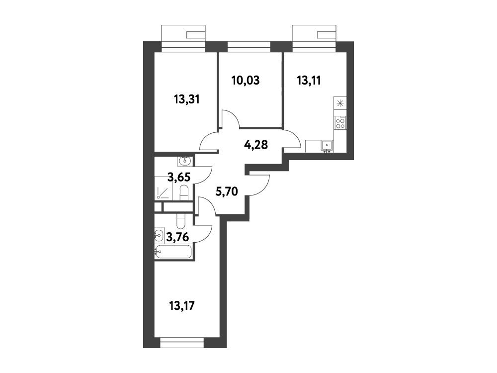 Планировка: 3-комн. квартира 67.00 м² в новостройке Смарт Гарден