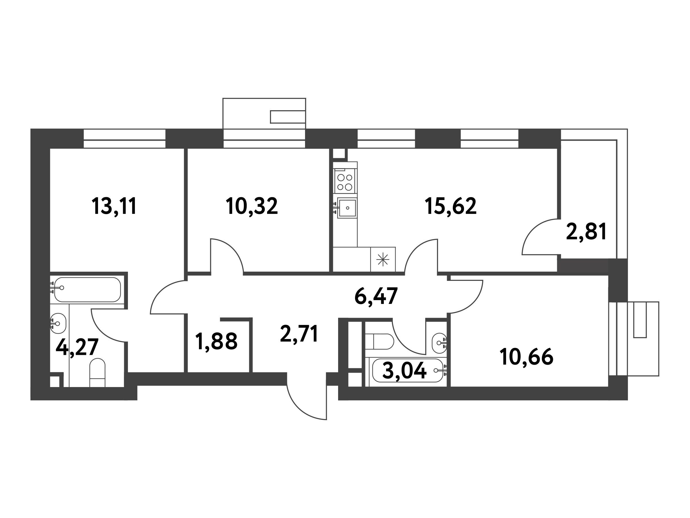 Планировка: 3-комн. квартира 69.40 м² в новостройке Смарт Гарден