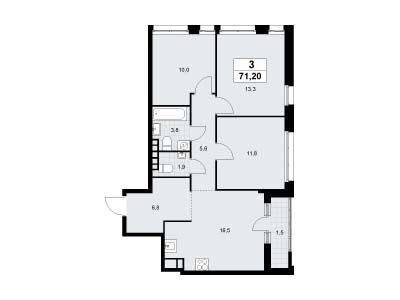 Планировка: 3-комн. квартира 71.20 м² в новостройке Родные кварталы