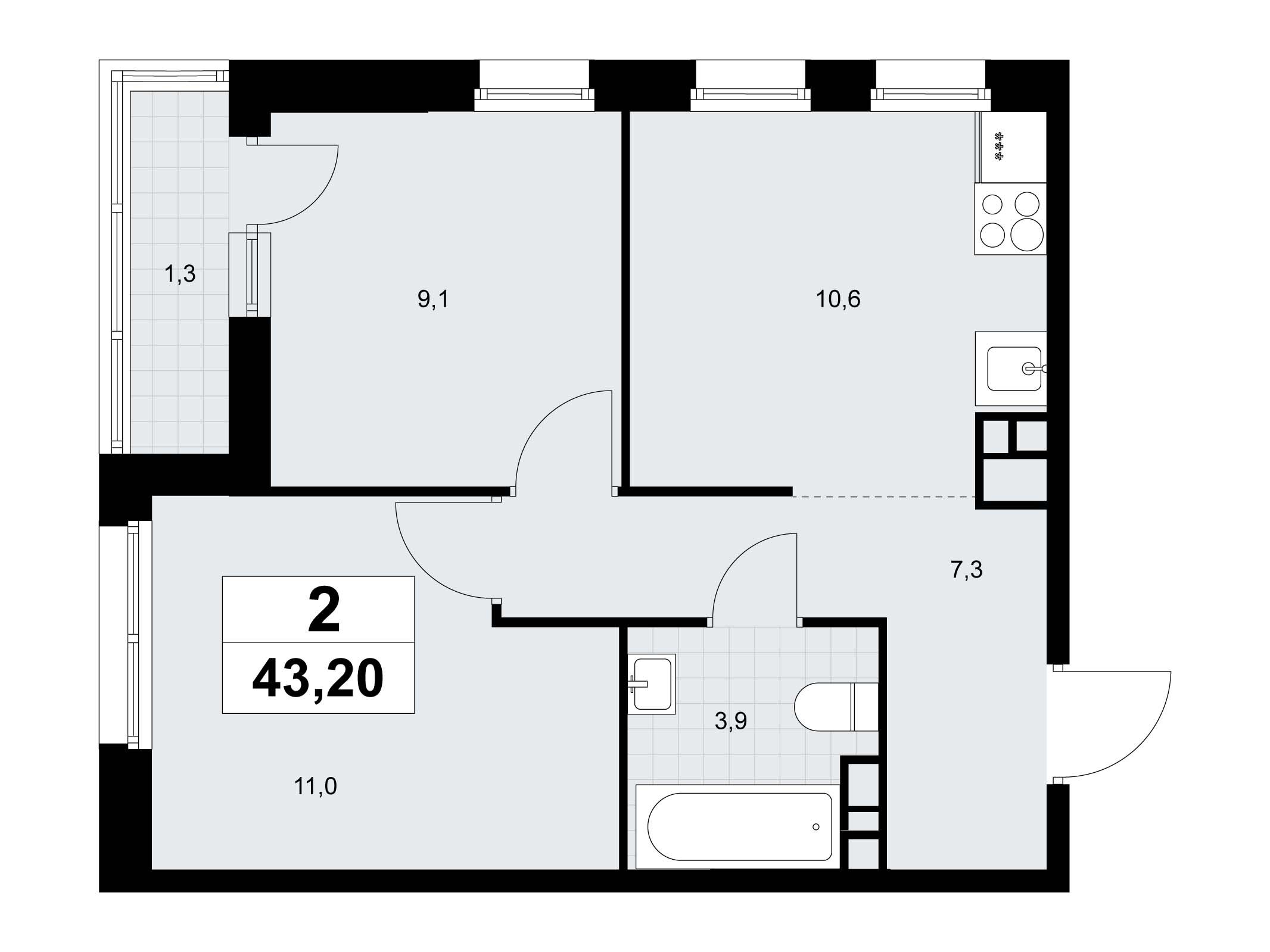 Планировка: 2-комн. квартира 43.20 м² в новостройке Родные кварталы