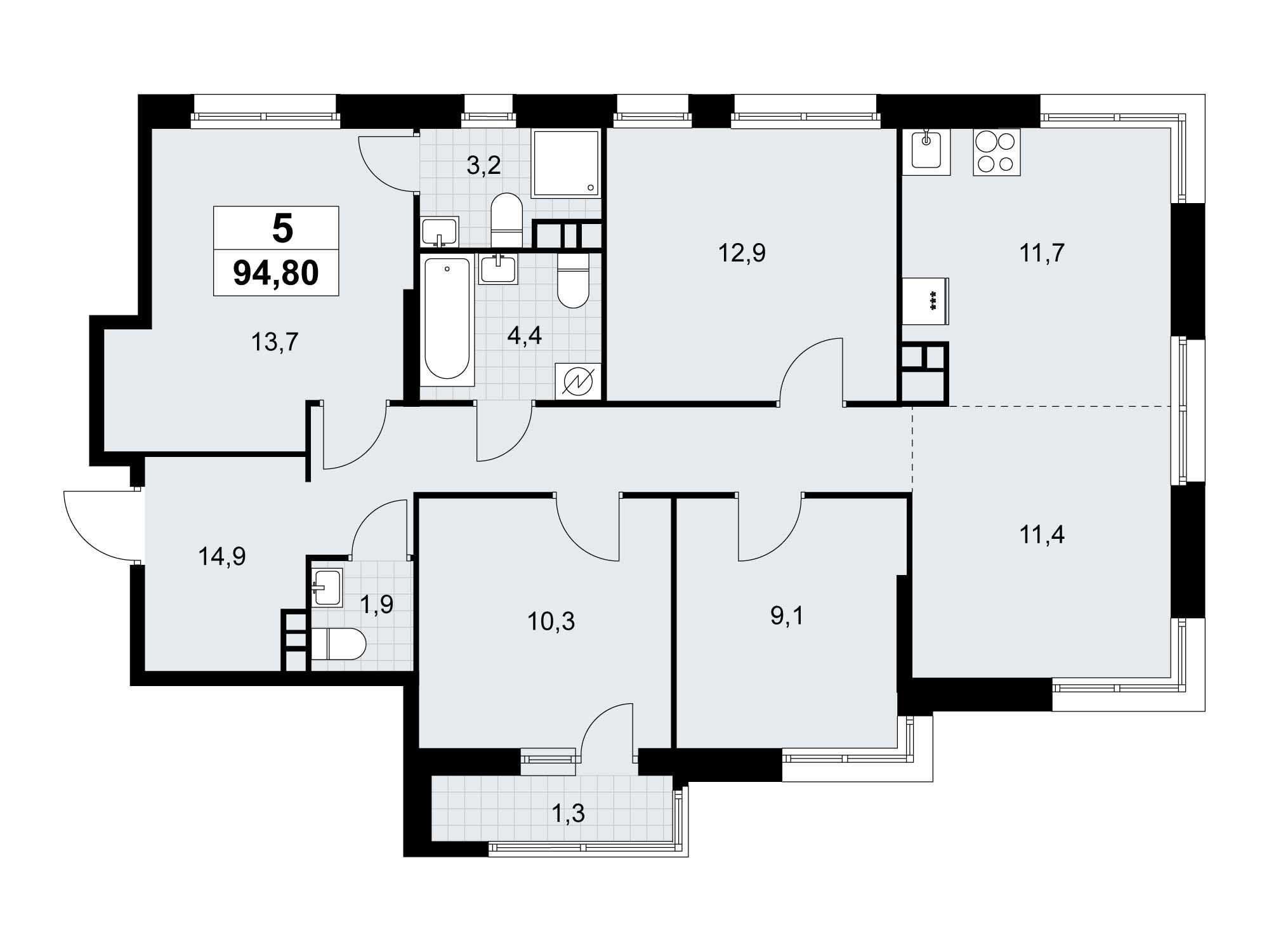 Планировка: 5-комн. квартира 94.70 м² в новостройке Родные кварталы