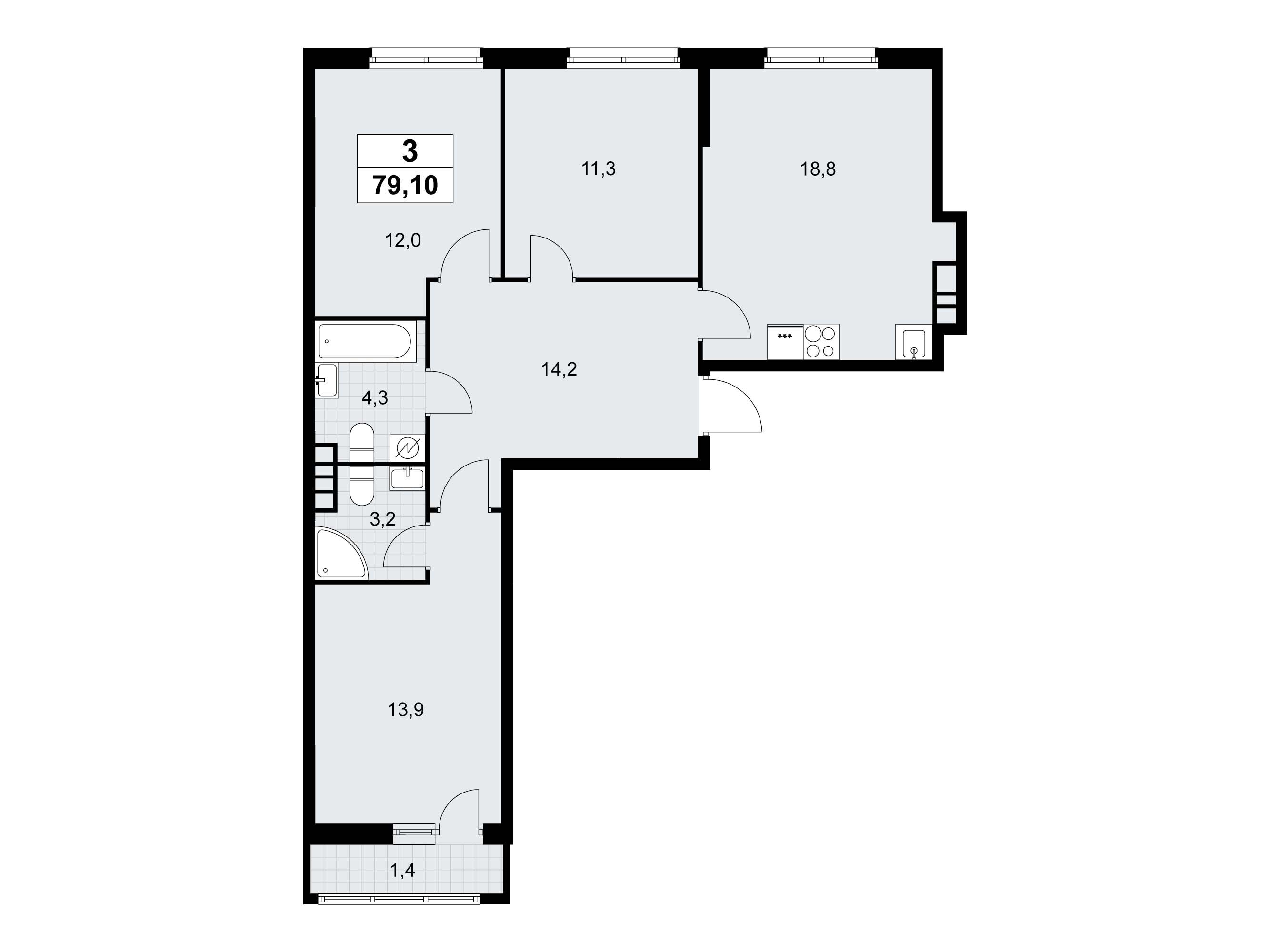Планировка: 3-комн. квартира 79.10 м² в новостройке Родные кварталы