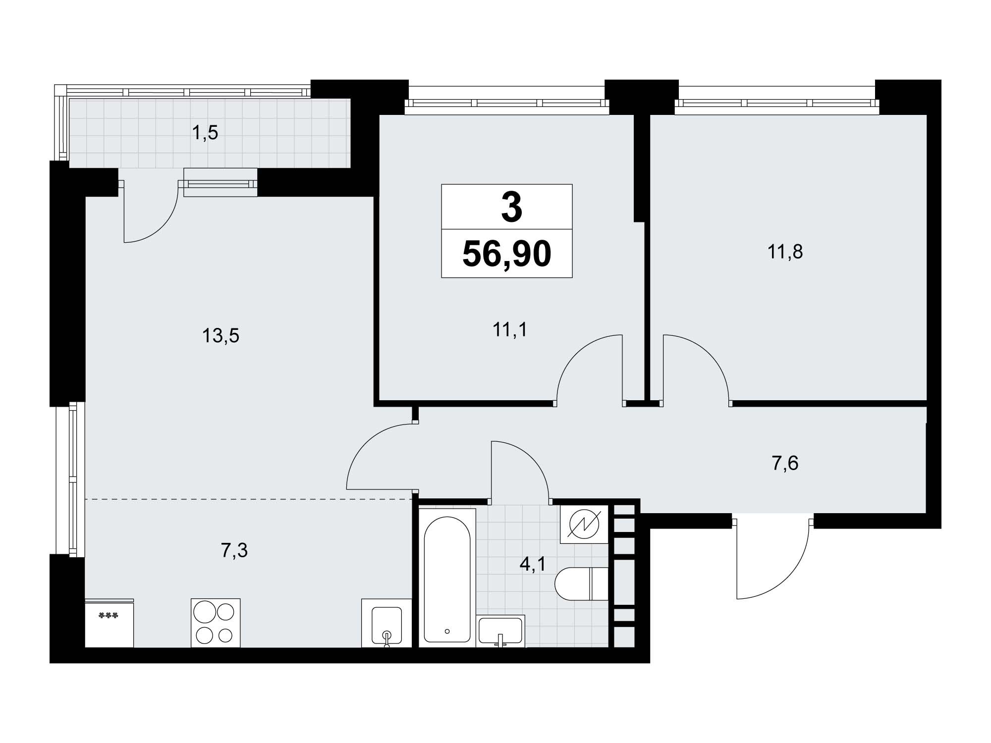 Планировка: 3-комн. квартира 56.90 м² в новостройке Родные кварталы