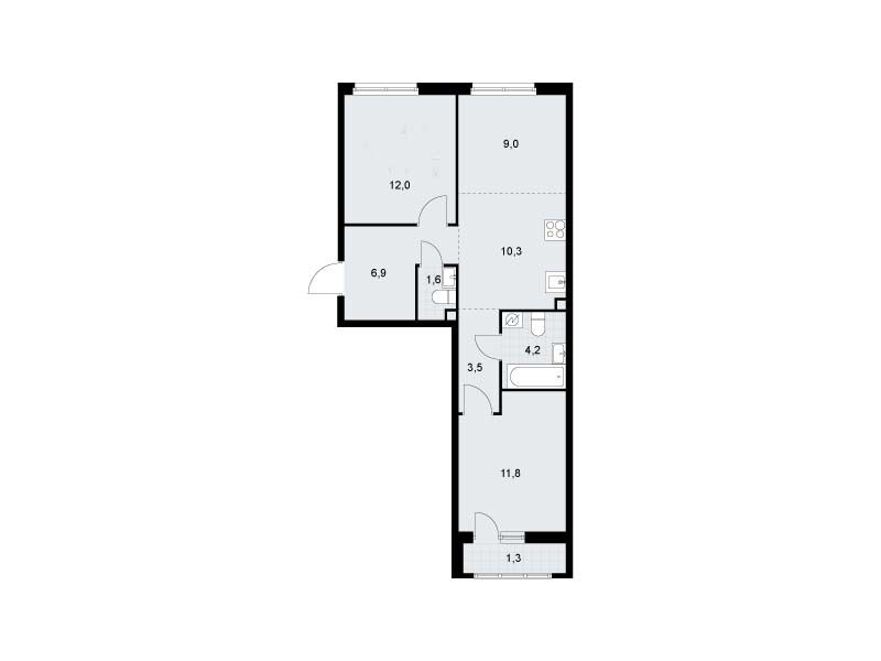 Планировка: 3-комн. квартира 59.70 м² в новостройке Родные кварталы