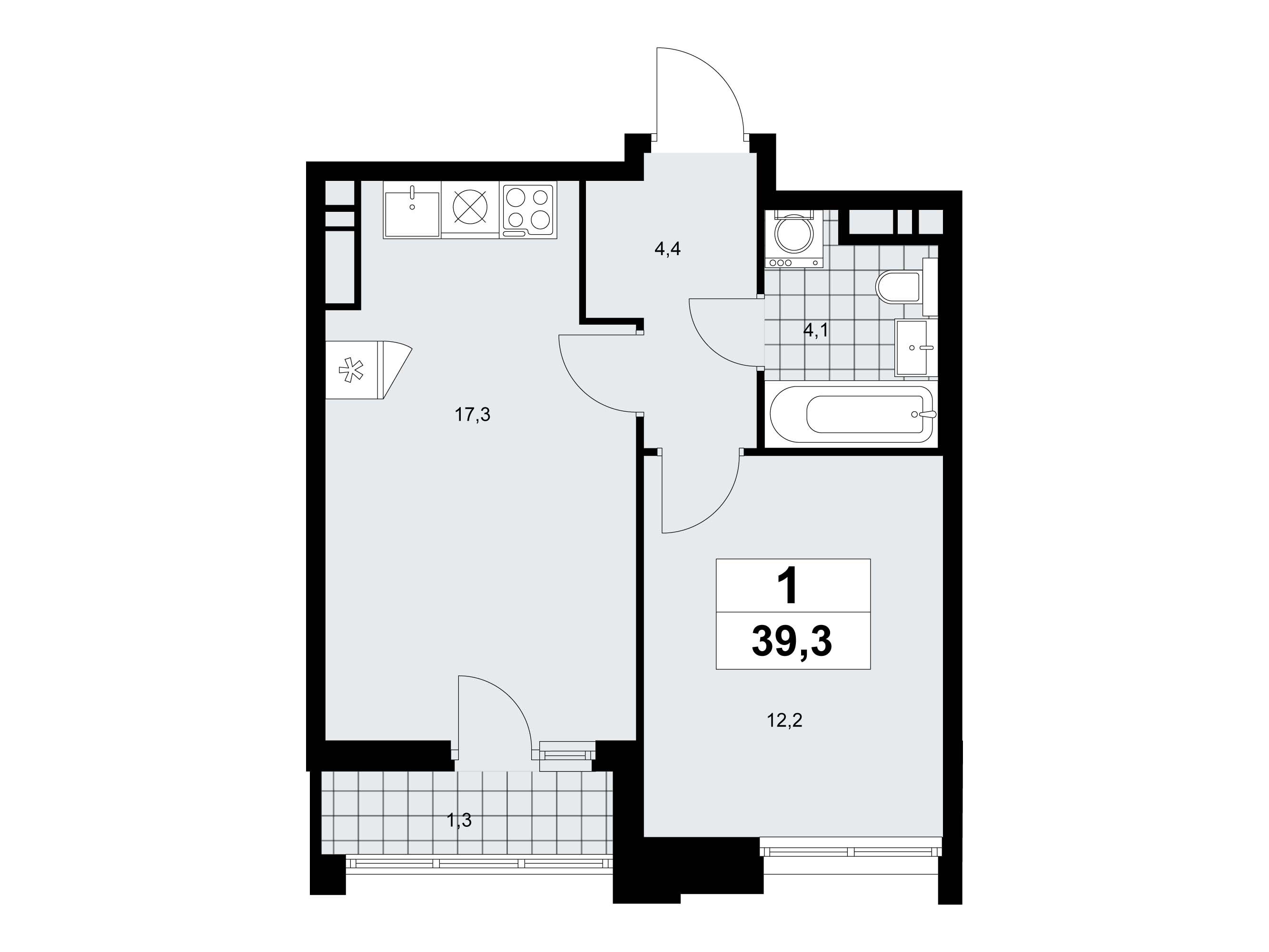 Планировка: 1-комн. квартира 39.30 м² в новостройке Прокшино