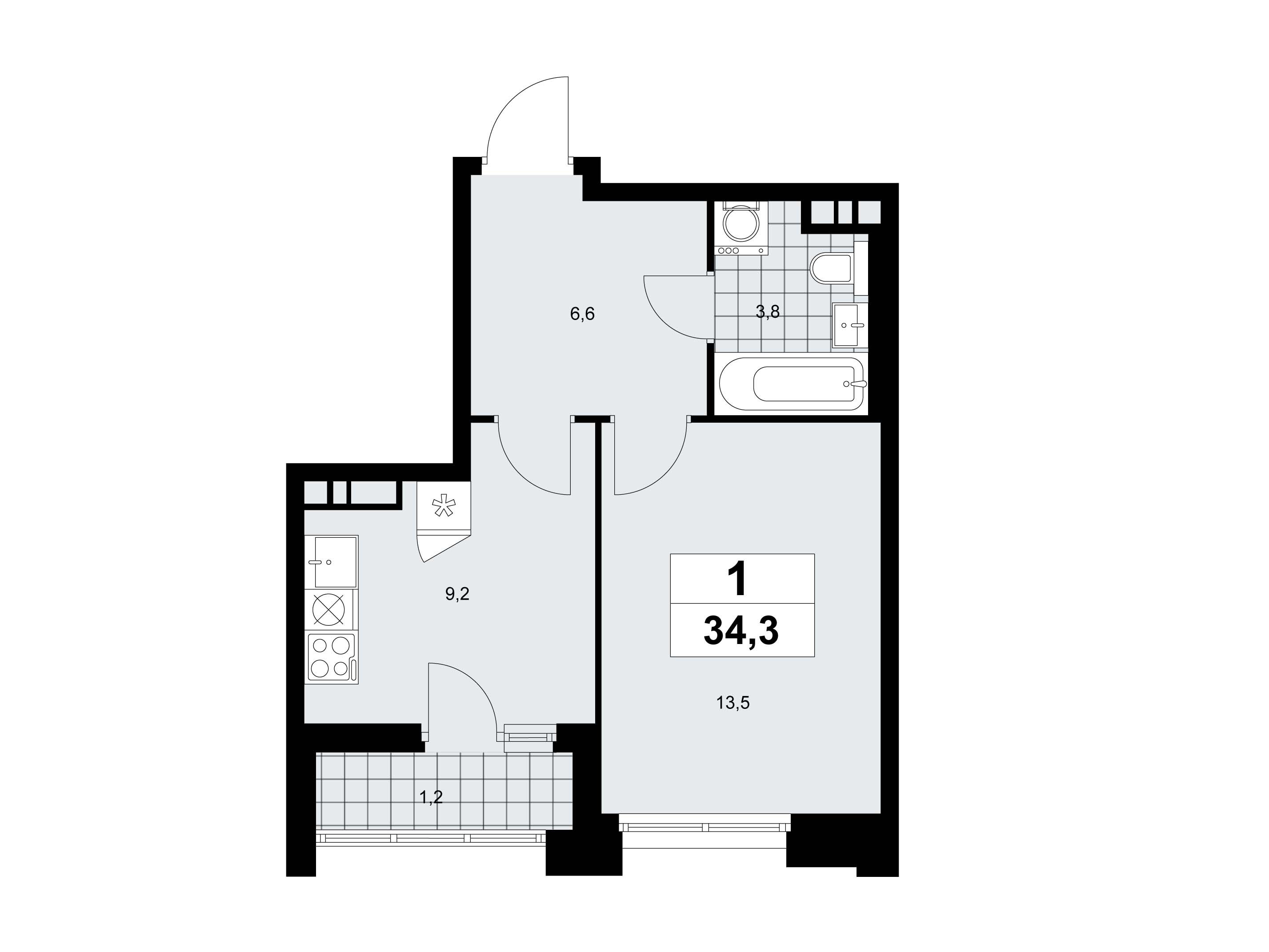 Планировка: 1-комн. квартира 34.30 м² в новостройке Прокшино