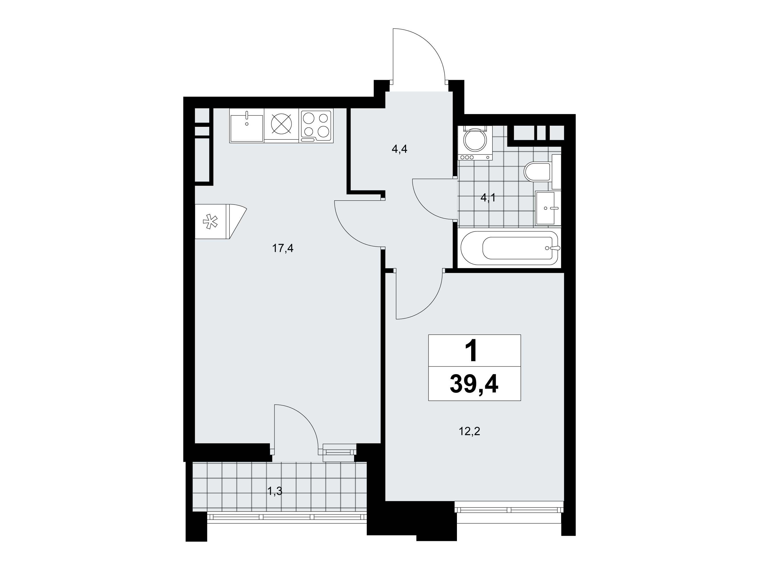 Планировка: 1-комн. квартира 39.40 м² в новостройке Прокшино
