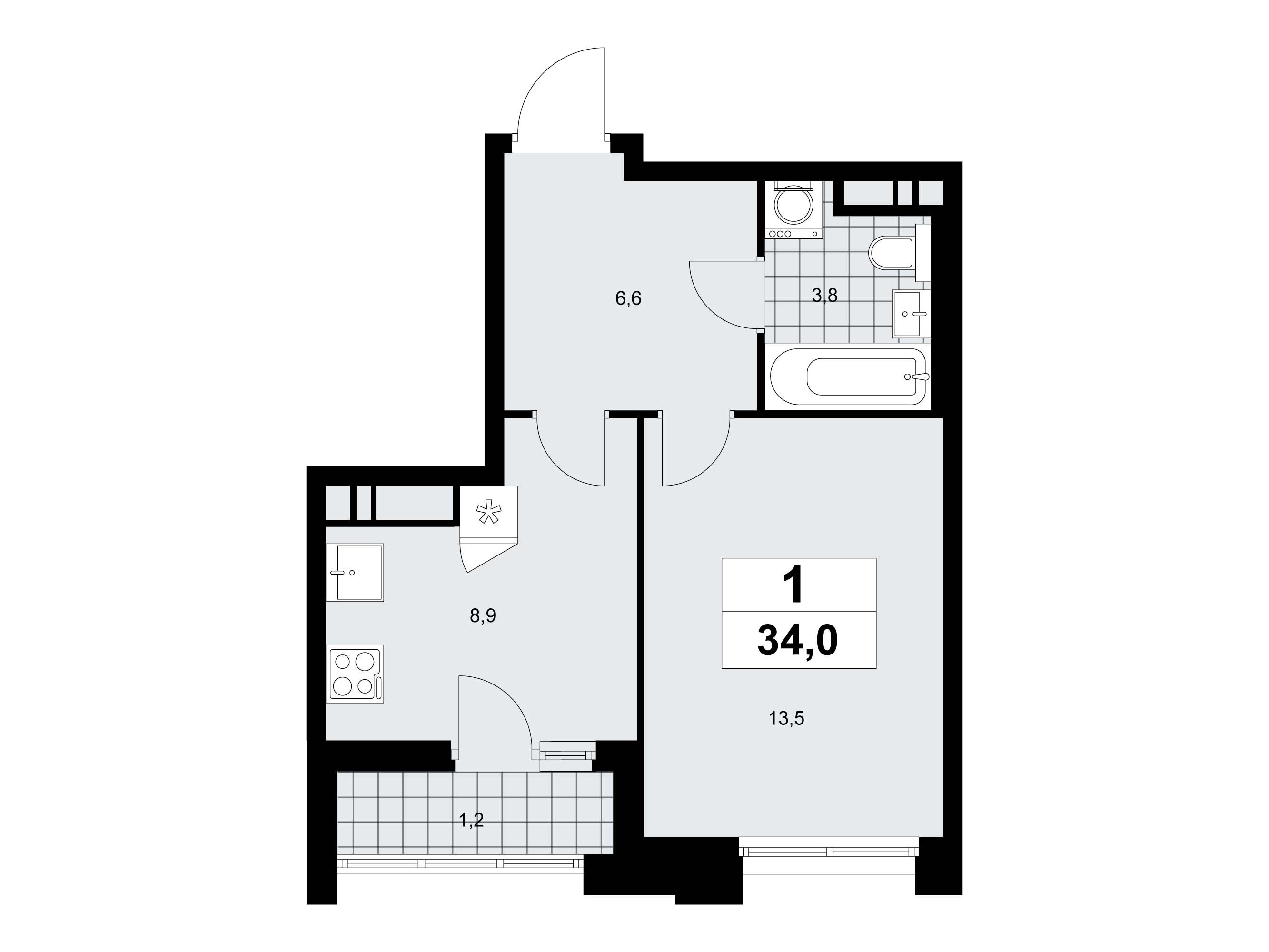 Планировка: 1-комн. квартира 34.00 м² в новостройке Прокшино