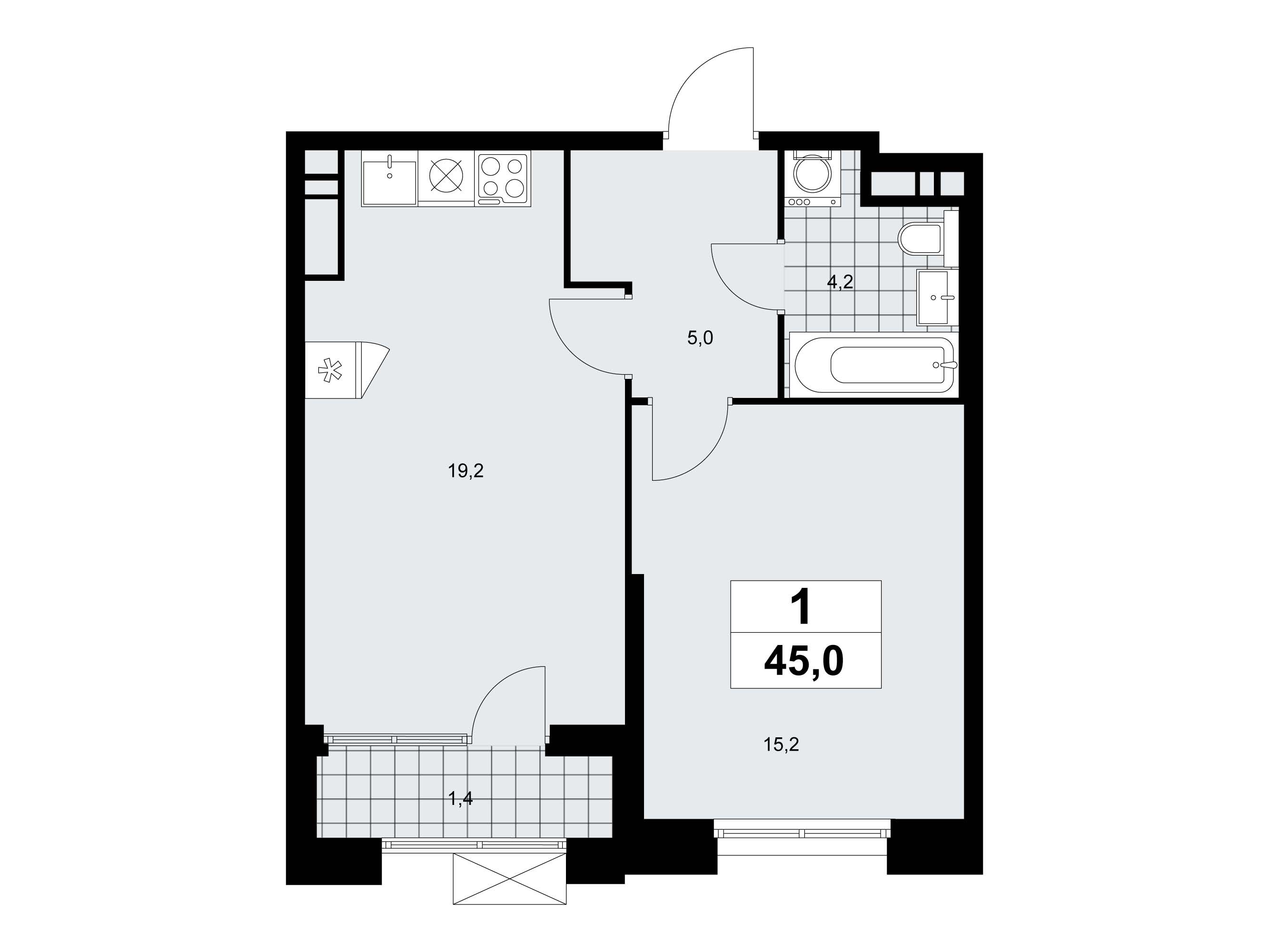 Планировка: 1-комн. квартира 45.00 м² в новостройке Прокшино