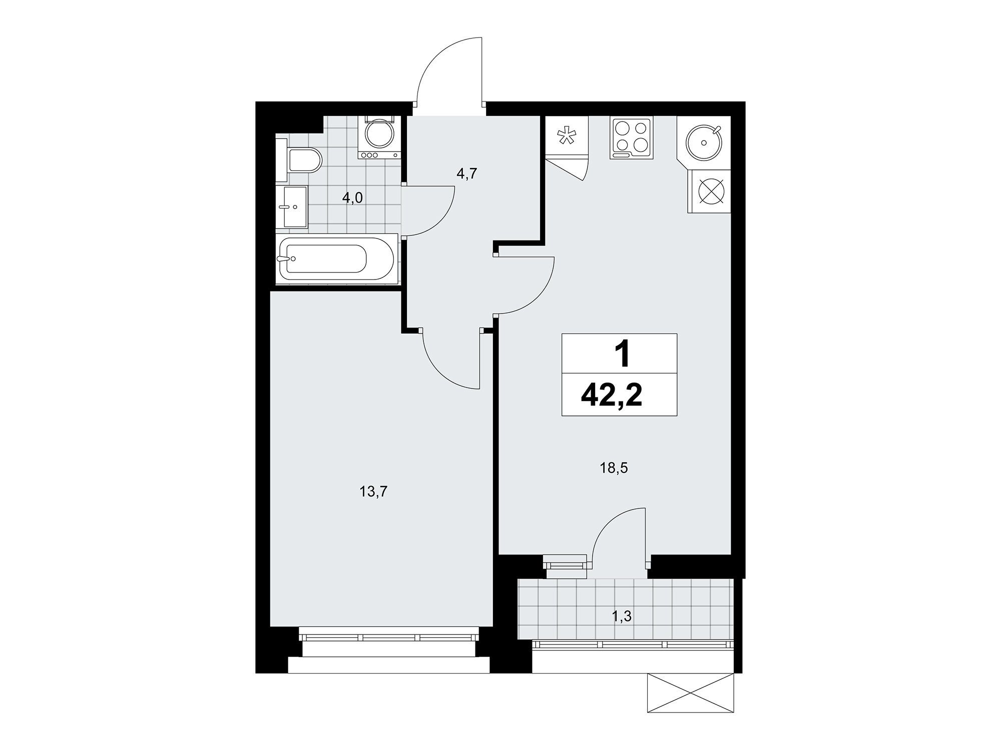 Планировка: 1-комн. квартира 42.20 м² в новостройке ЖК Прокшино