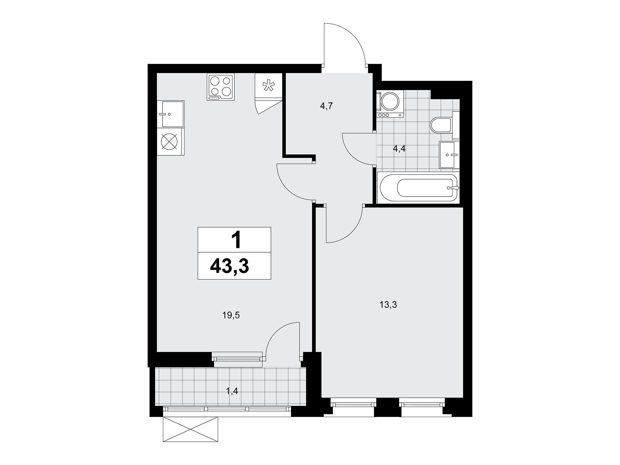 Планировка: 1-комн. квартира 43.30 м² в новостройке ЖК Прокшино