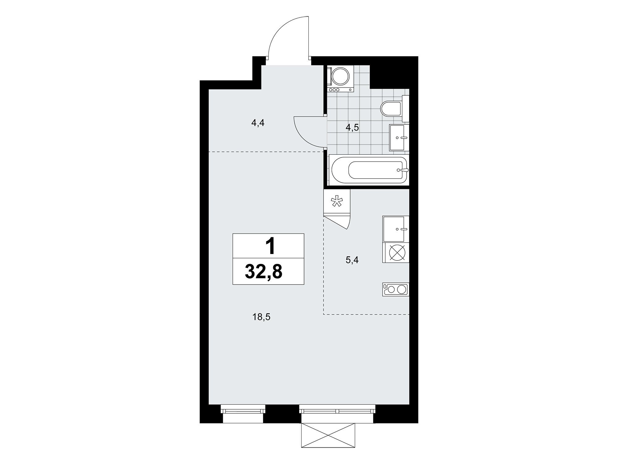 Планировка: Студия 32.80 м² в новостройке Прокшино