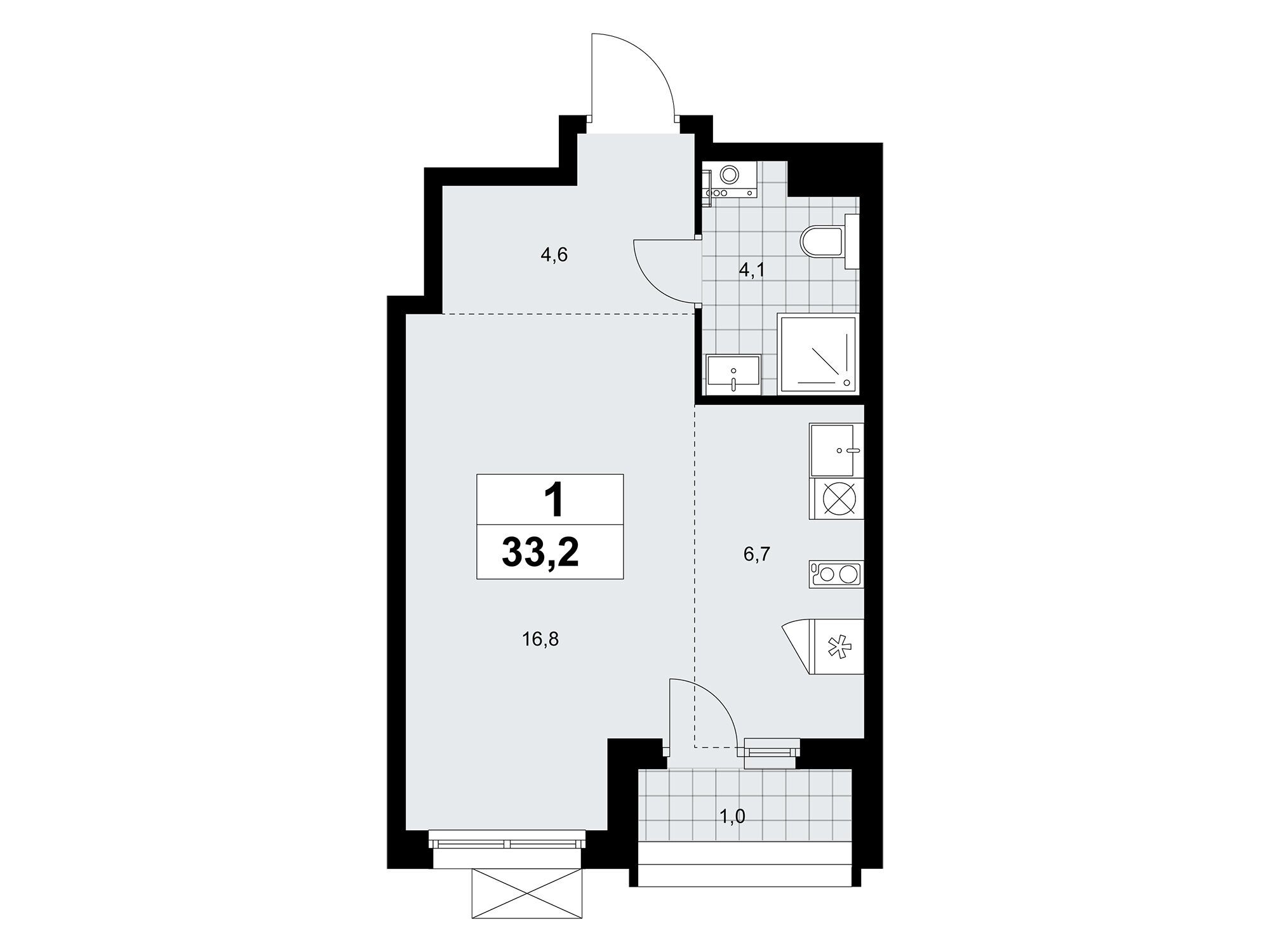 Планировка: Студия 33.20 м² в новостройке Прокшино