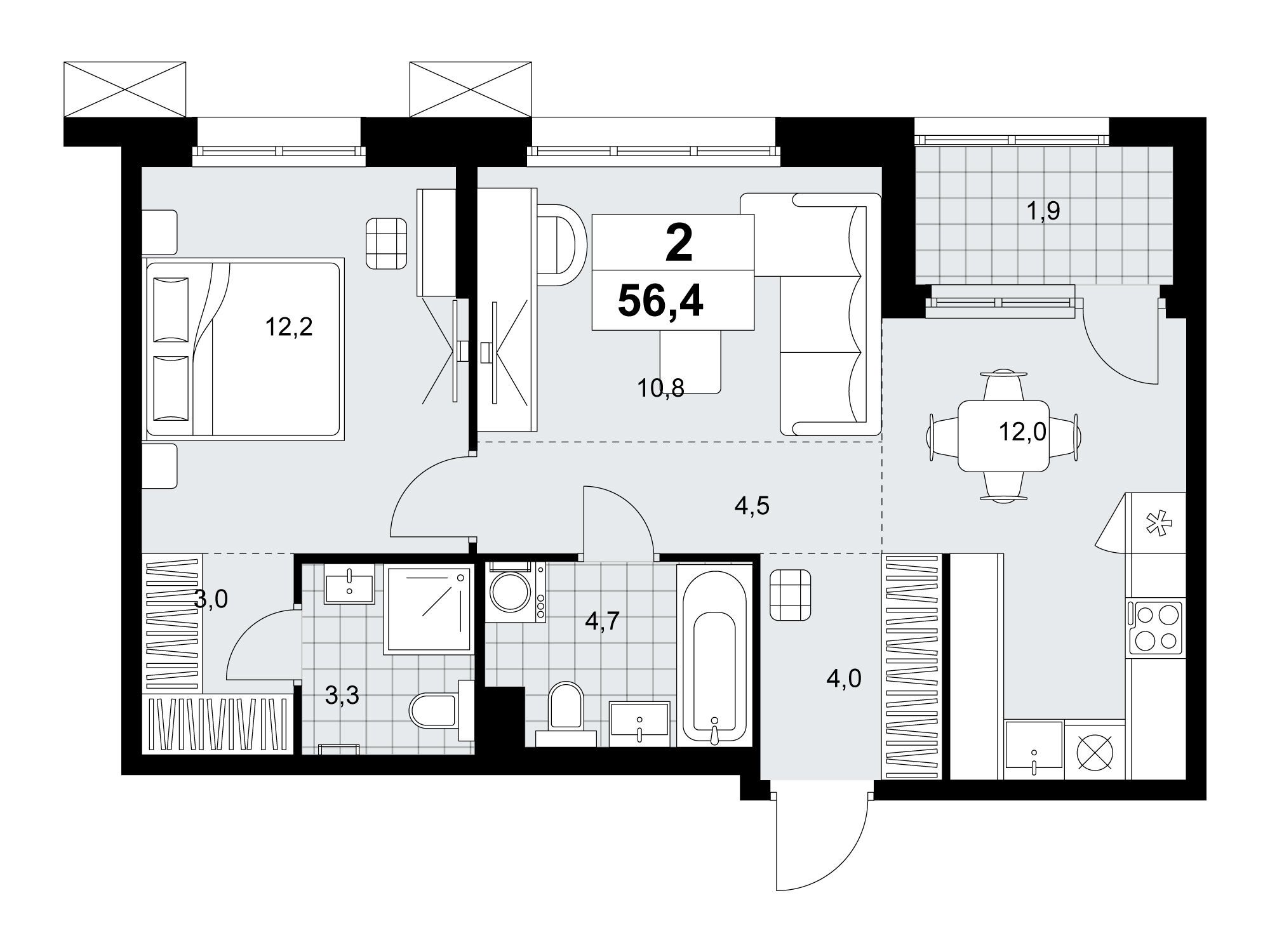 Планировка: 2-комн. квартира 56.40 м² в новостройке Дзен-кварталы