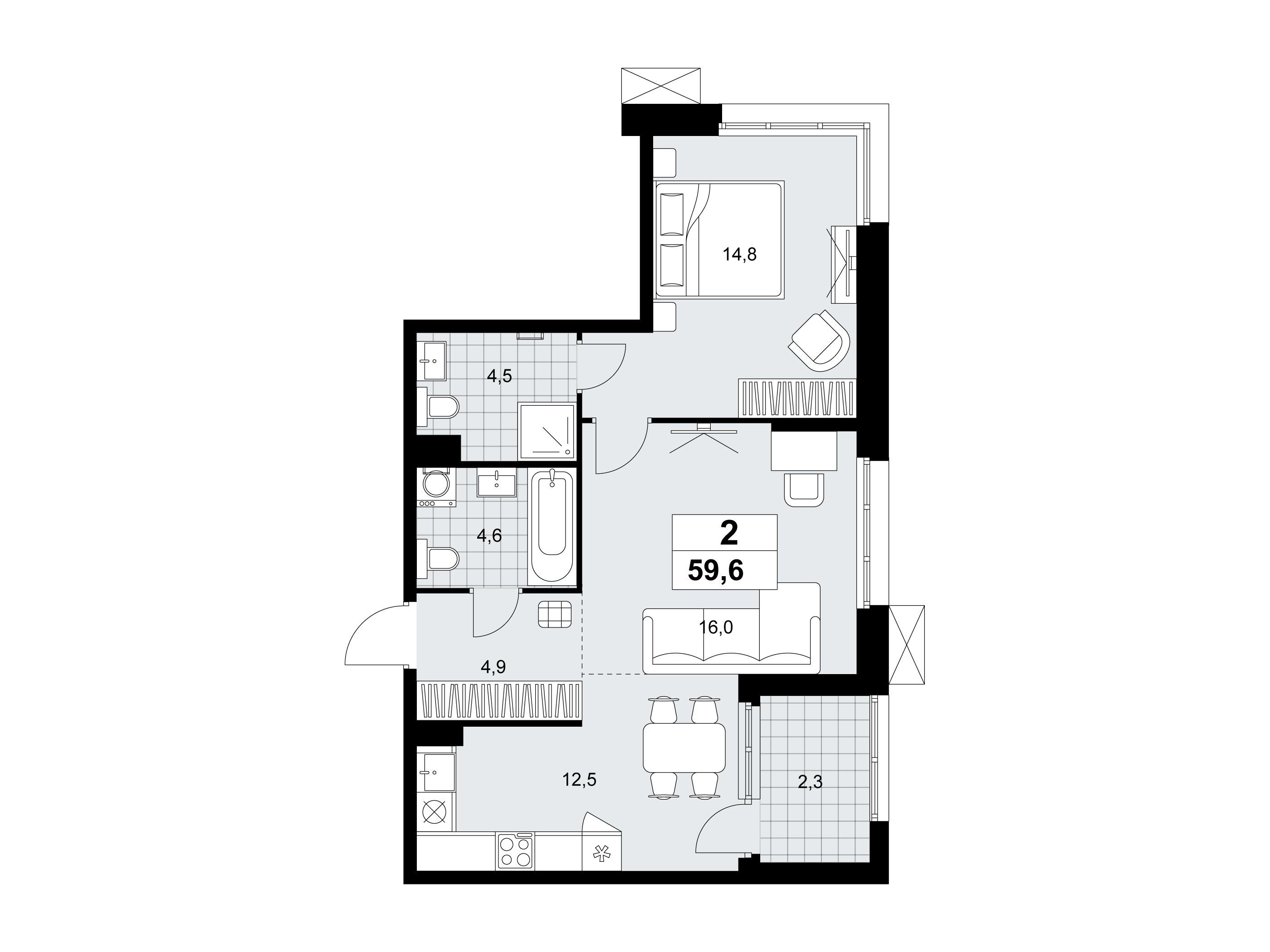 Планировка: 2-комн. квартира 59.60 м² в новостройке Дзен-кварталы