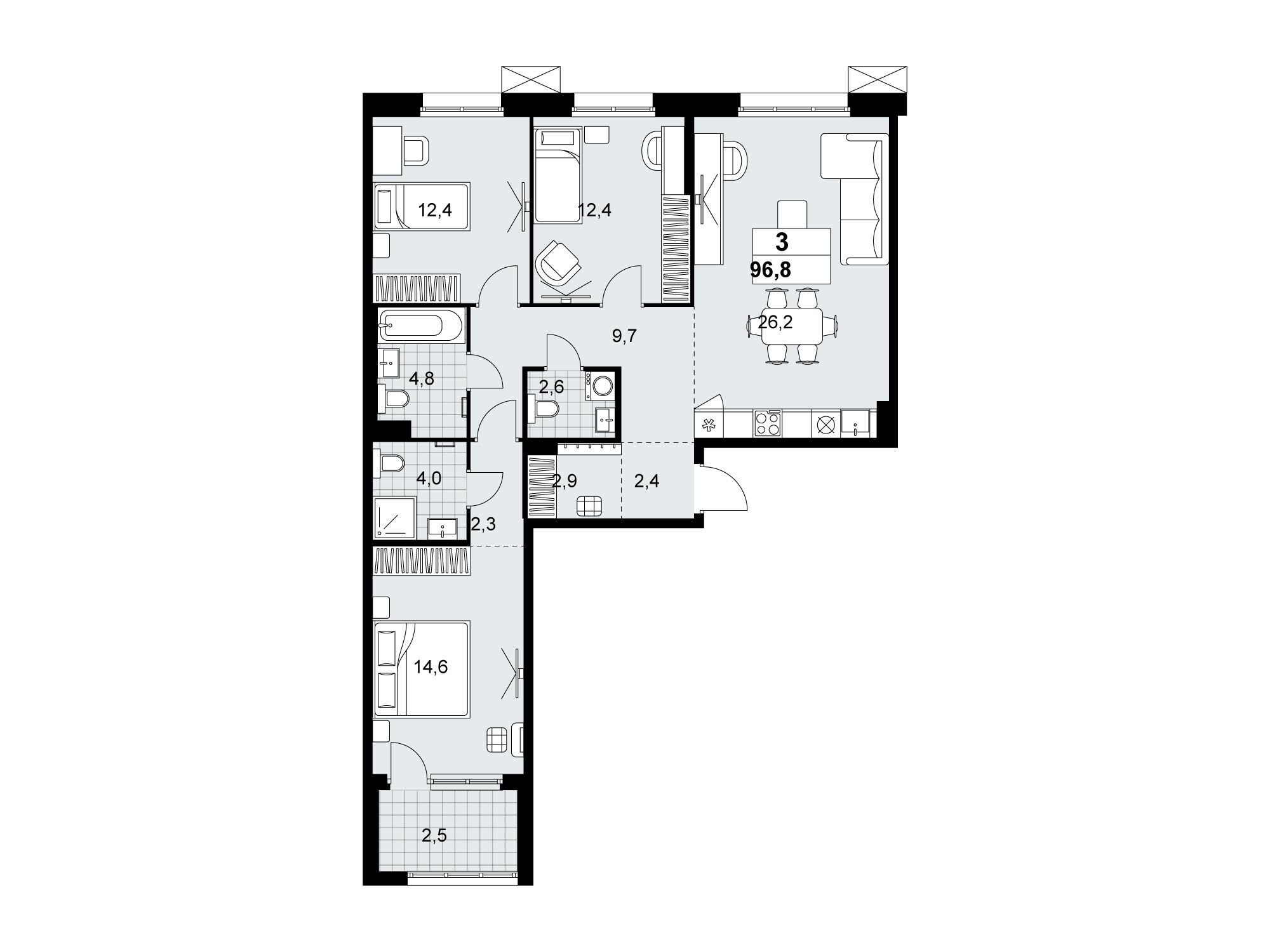 Планировка: 3-комн. квартира 96.80 м² в новостройке Дзен-кварталы