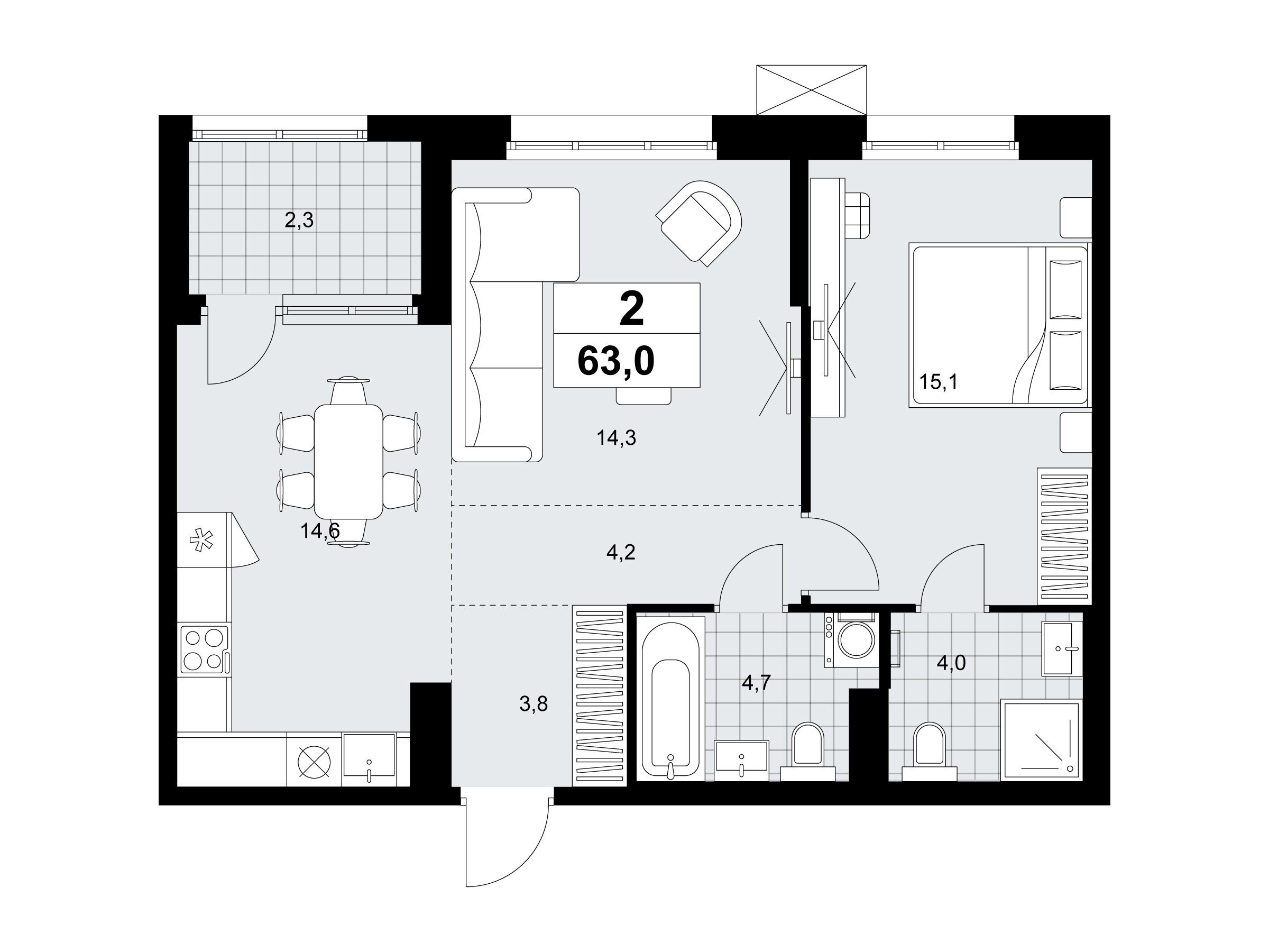 Планировка: 2-комн. квартира 63.00 м² в новостройке Дзен-кварталы