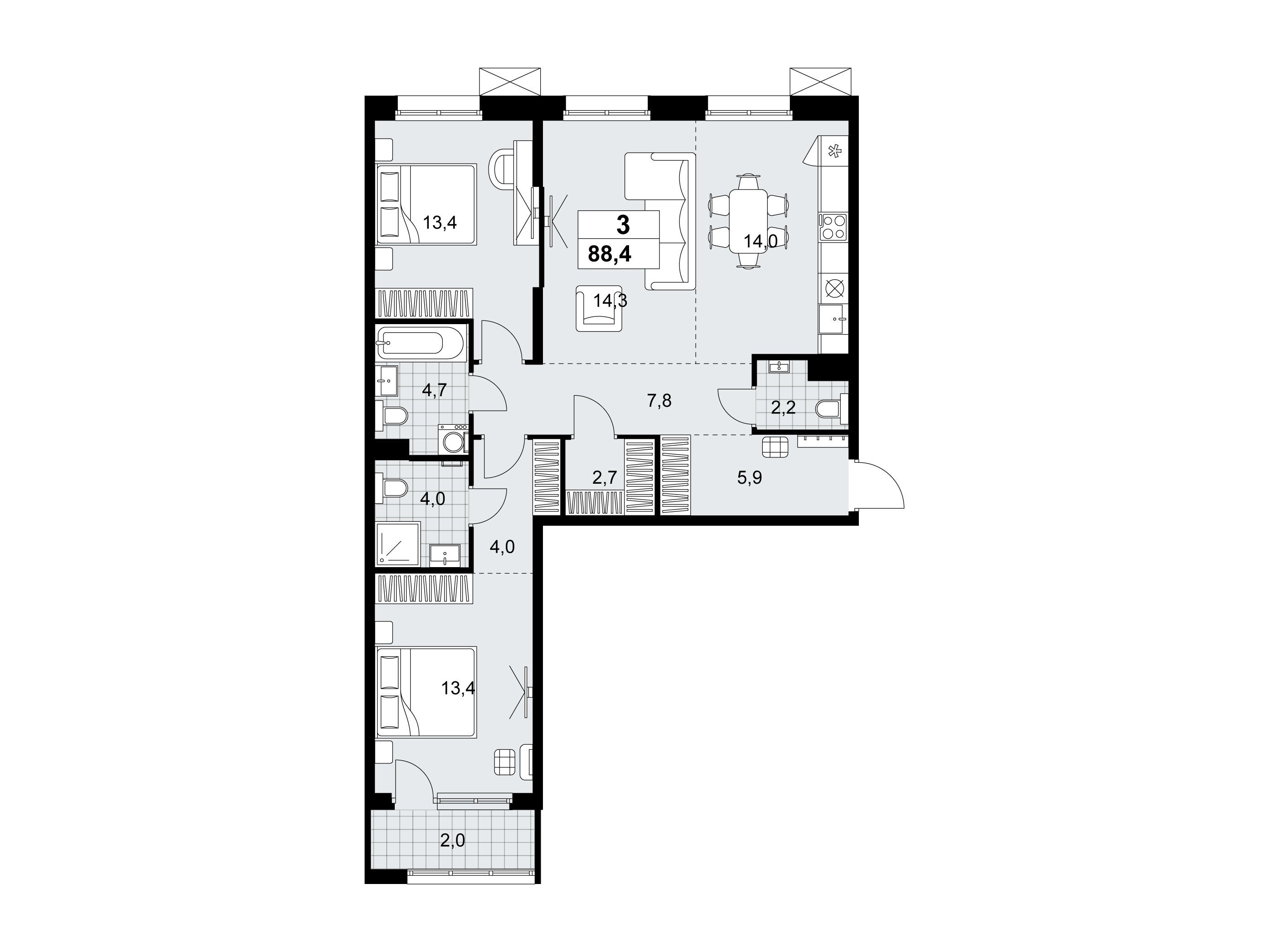 Планировка: 3-комн. квартира 88.40 м² в новостройке Дзен-кварталы