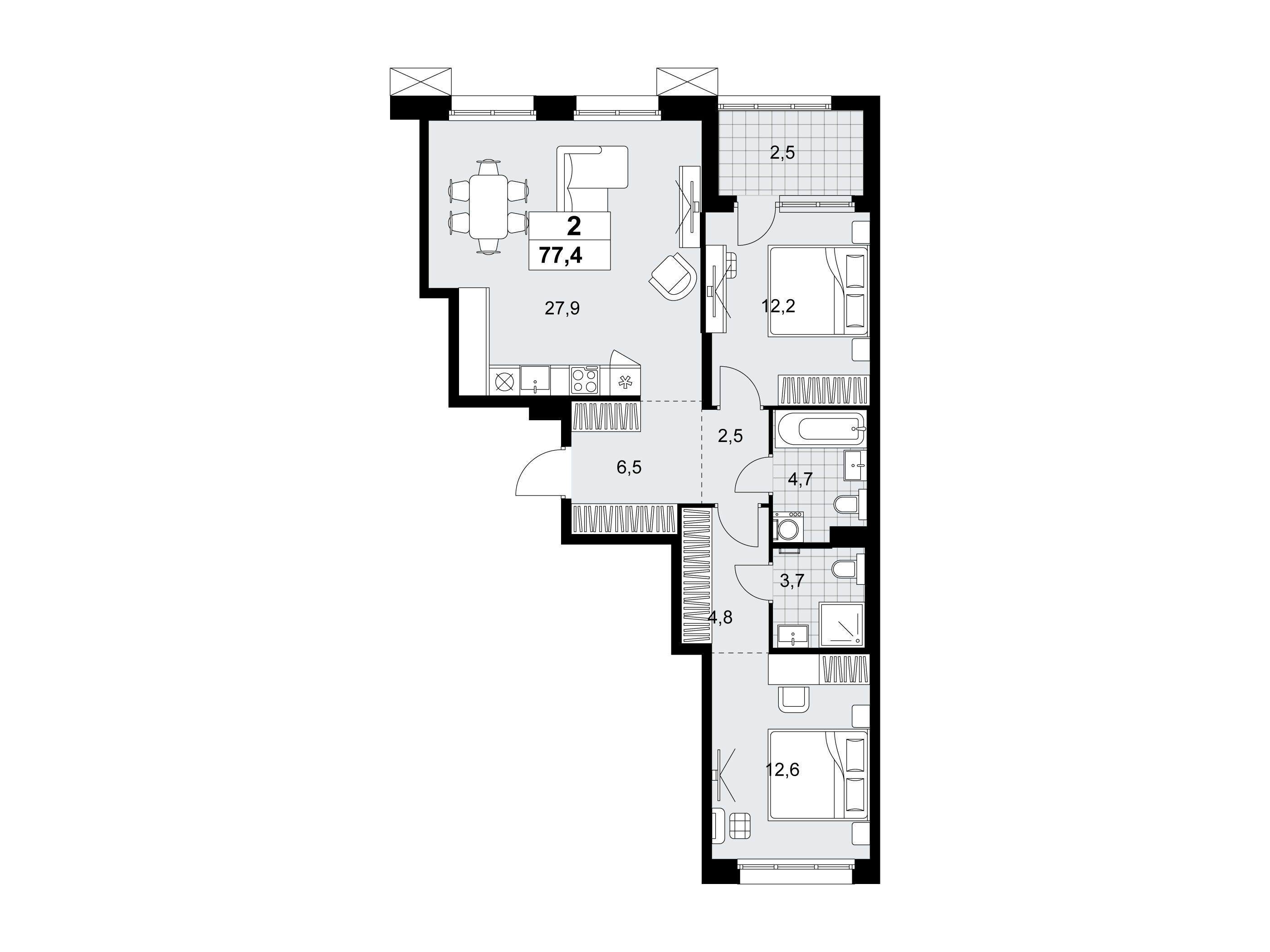 Планировка: 2-комн. квартира 77.40 м² в новостройке Дзен-кварталы