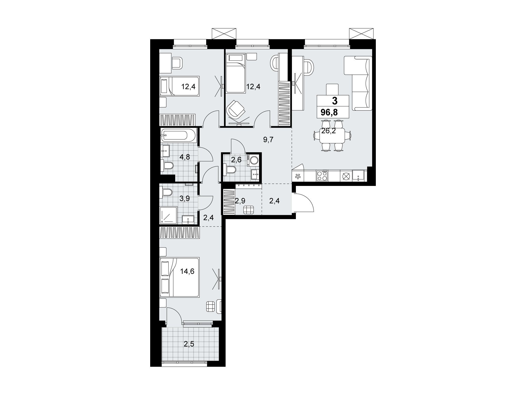 Планировка: 3-комн. квартира 96.80 м² в новостройке Дзен-кварталы