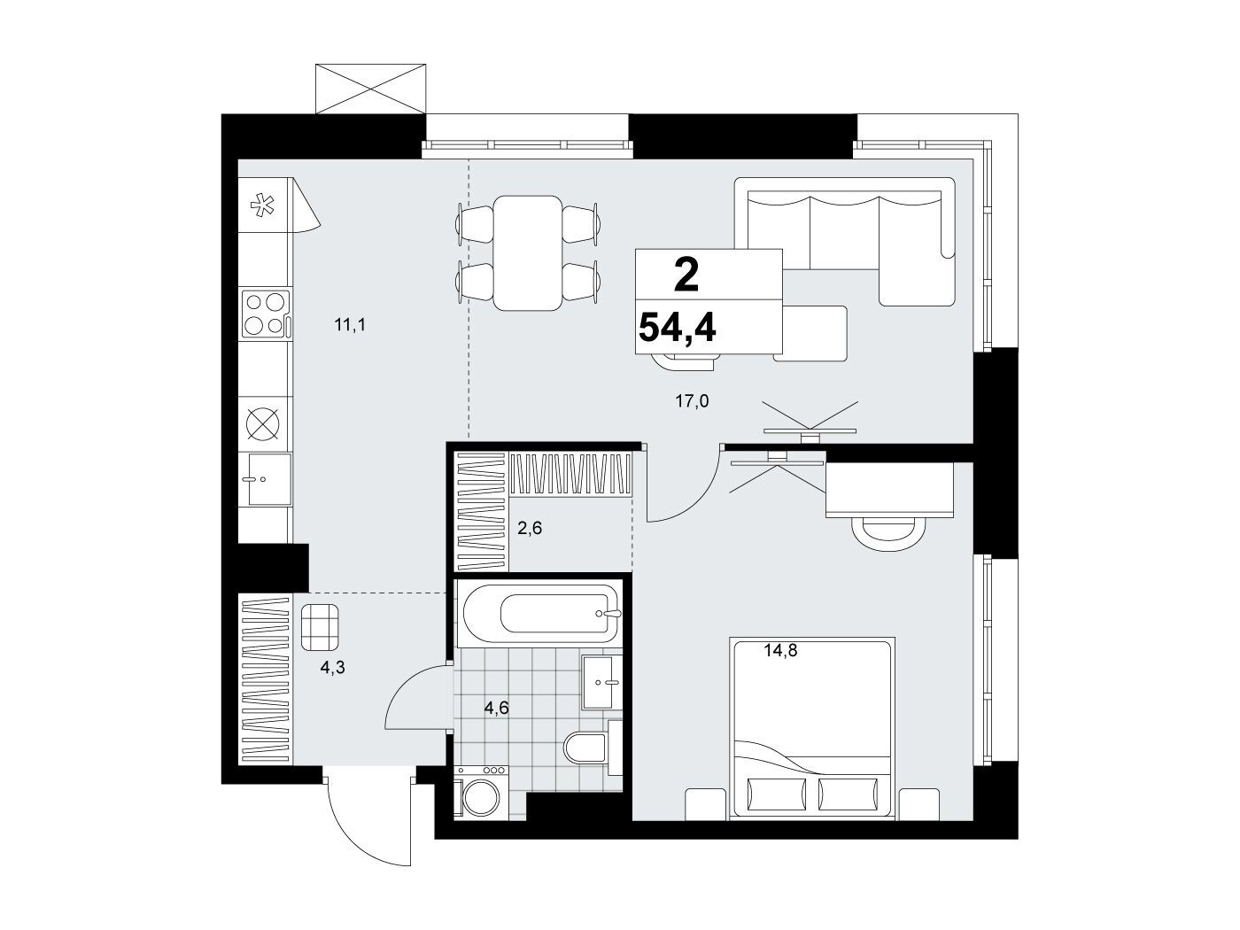 Планировка: 2-комн. квартира 54.40 м² в новостройке Дзен-кварталы