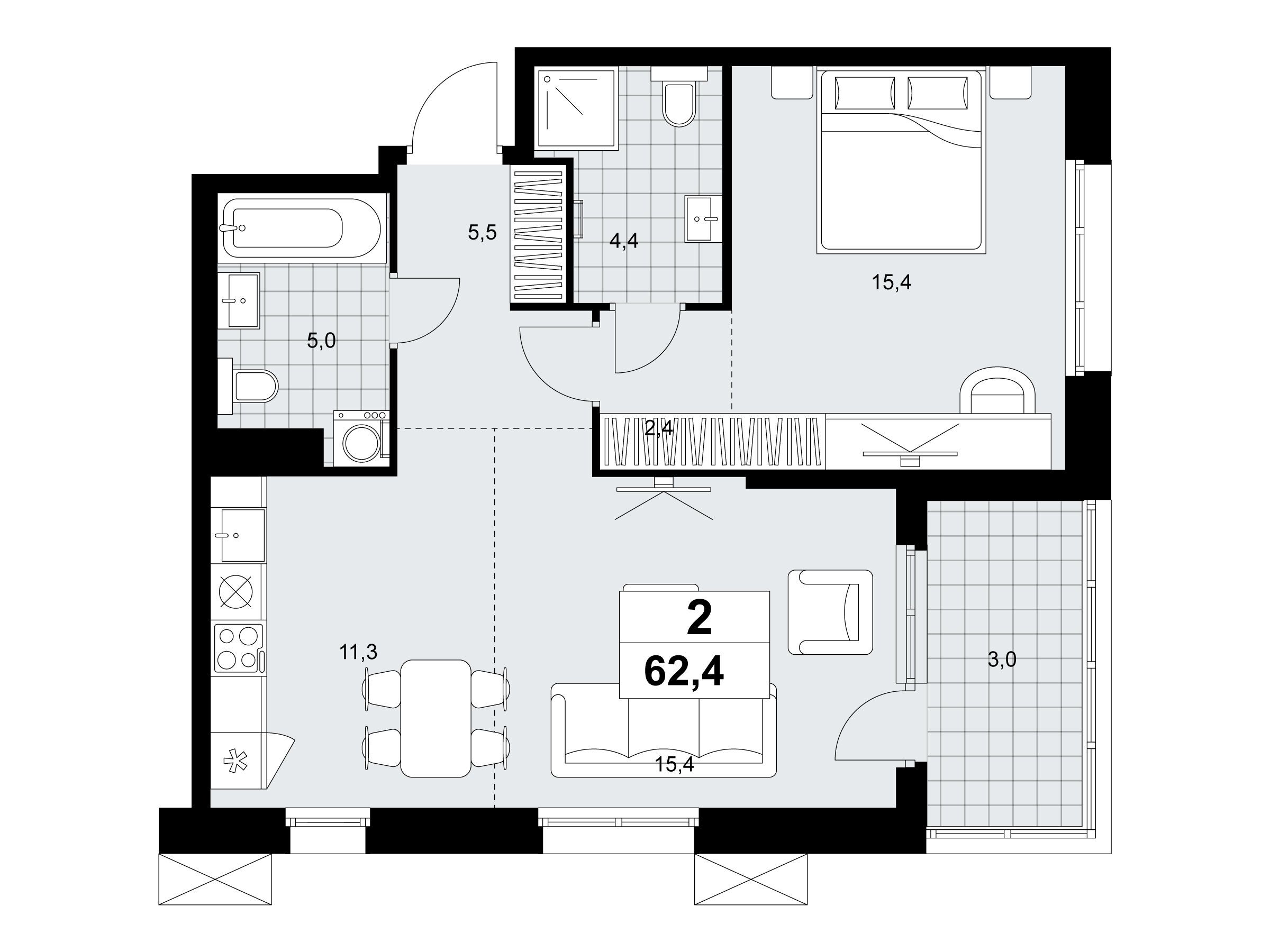 Планировка: 2-комн. квартира 62.40 м² в новостройке Дзен-кварталы