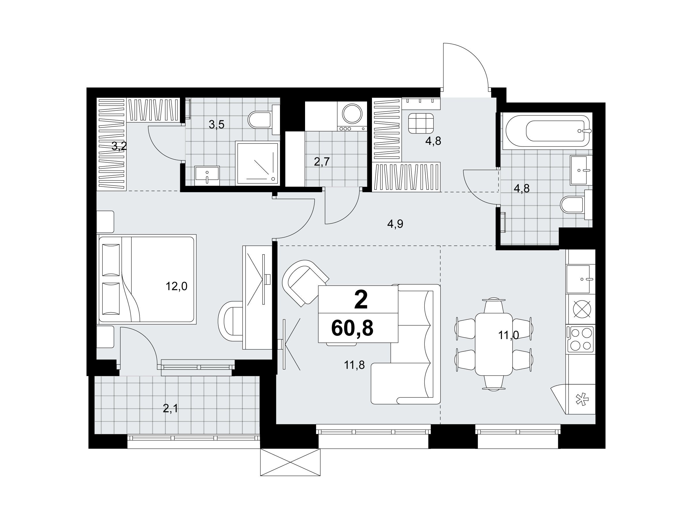 Планировка: 2-комн. квартира 60.80 м² в новостройке Дзен-кварталы
