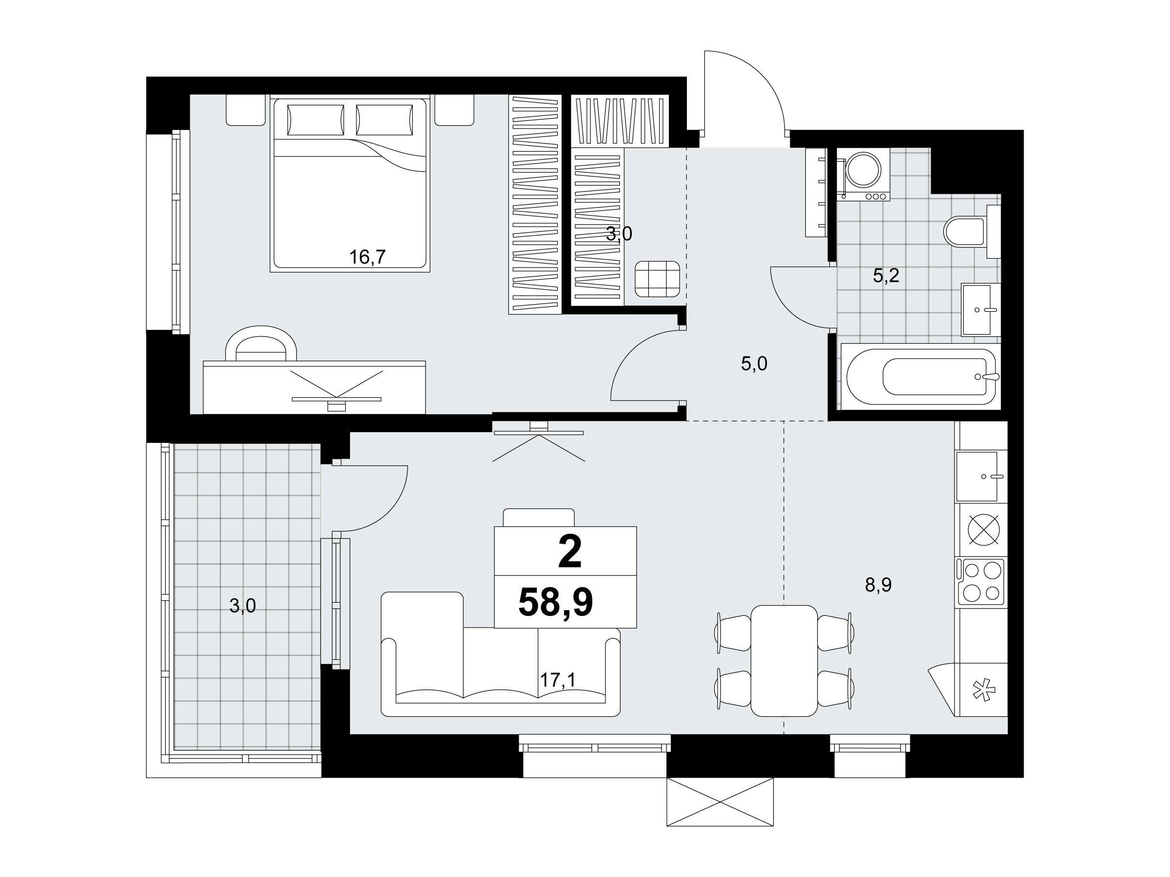 Планировка: 2-комн. квартира 58.90 м² в новостройке Дзен-кварталы