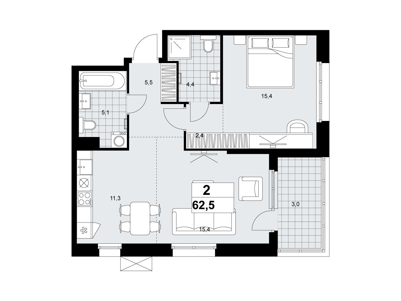Планировка: 2-комн. квартира 62.50 м² в новостройке Дзен-кварталы