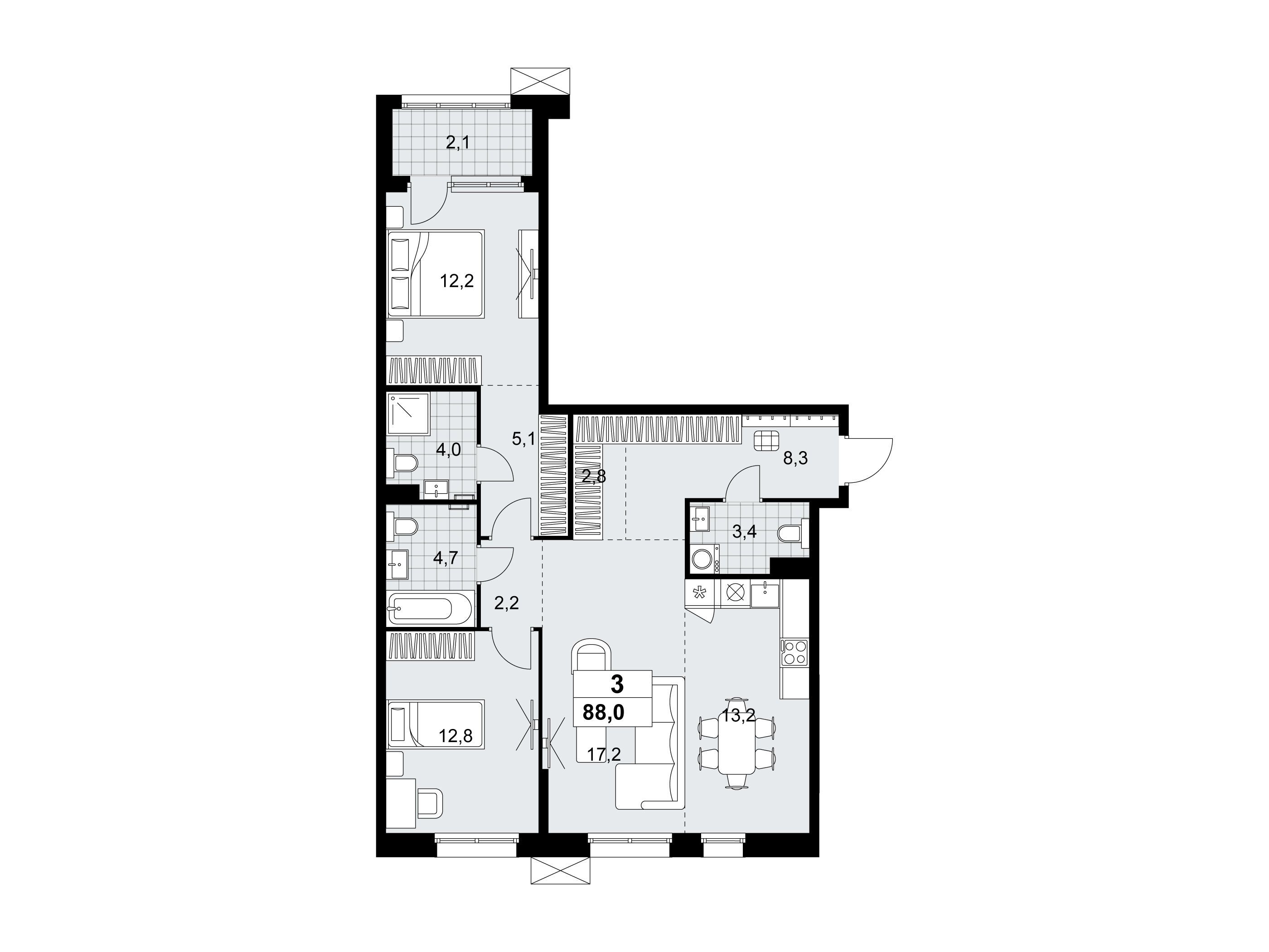 Планировка: 3-комн. квартира 88.00 м² в новостройке Дзен-кварталы