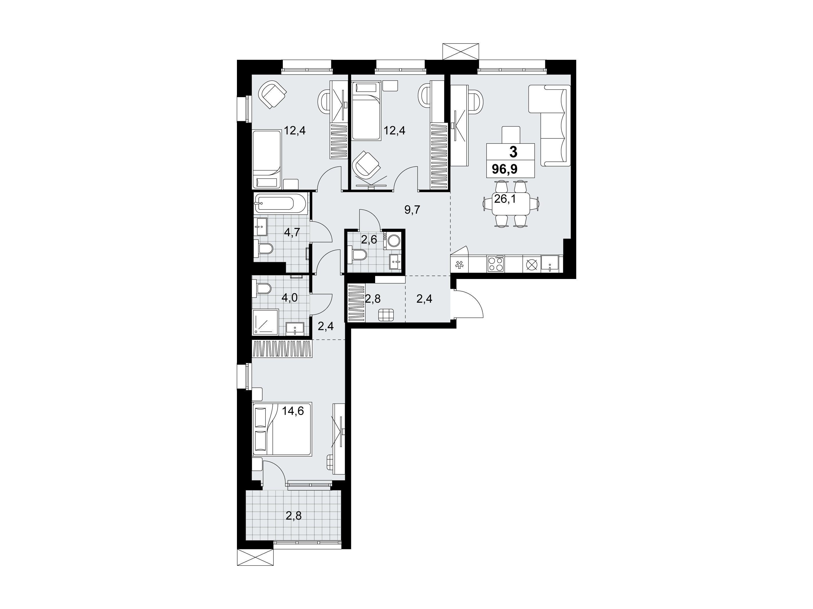 Планировка: 3-комн. квартира 96.90 м² в новостройке Дзен-кварталы