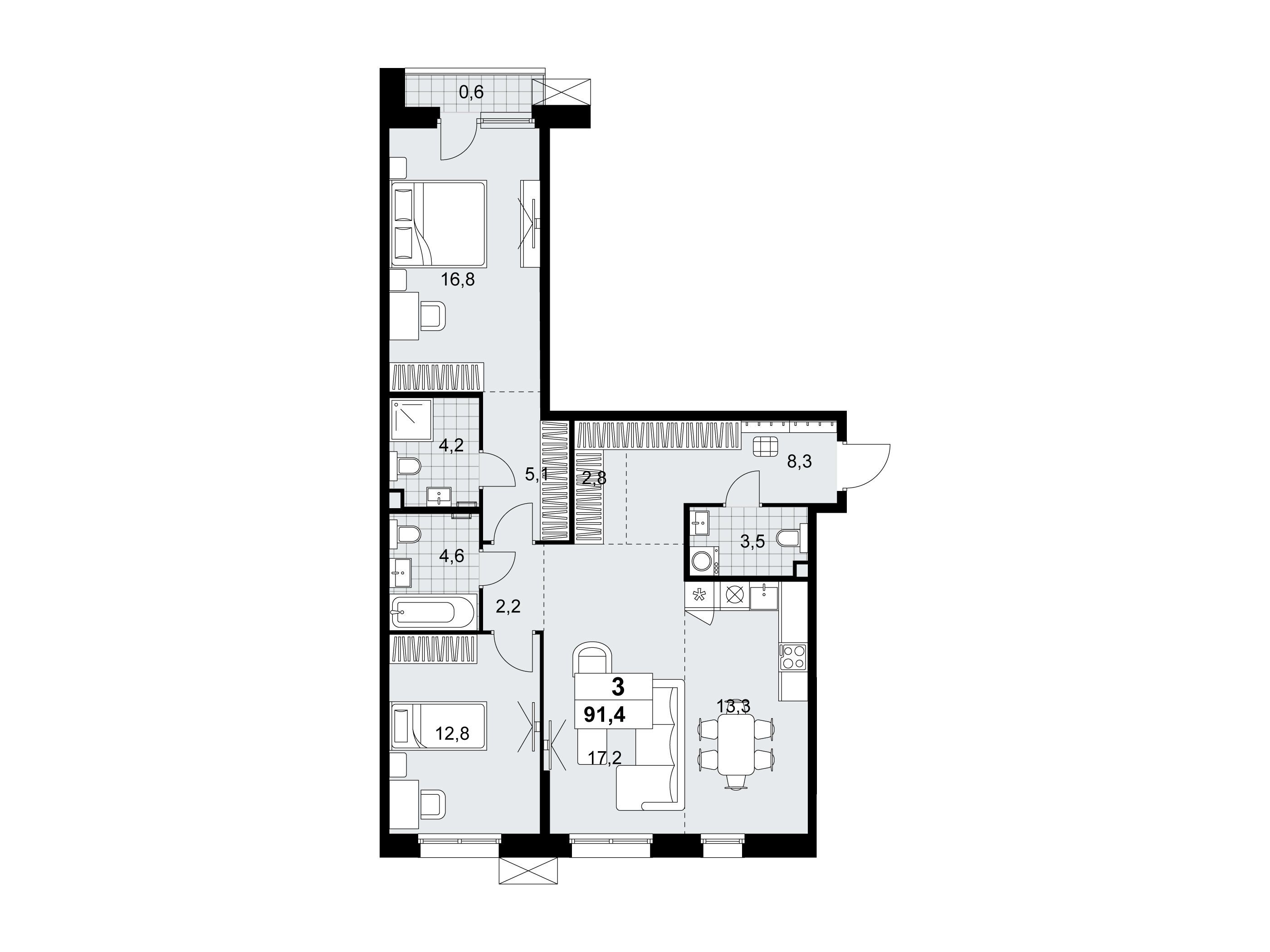 Планировка: 3-комн. квартира 91.40 м² в новостройке Дзен-кварталы