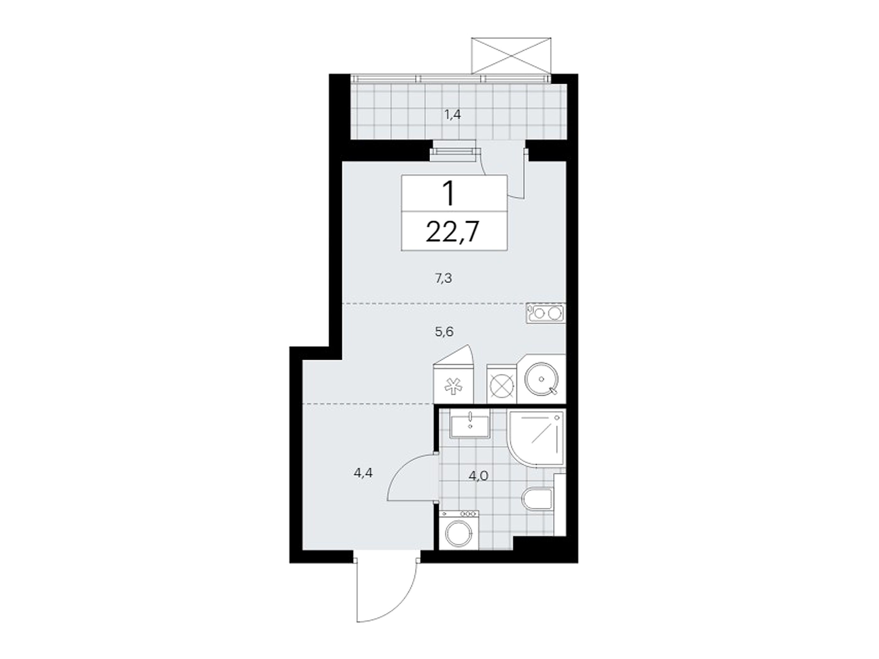 Планировка: Студия 22.70 м² в новостройке ЖК Бунинские кварталы