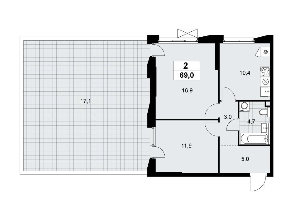Планировка: 2-комн. квартира 69.00 м² в новостройке Бунинские кварталы