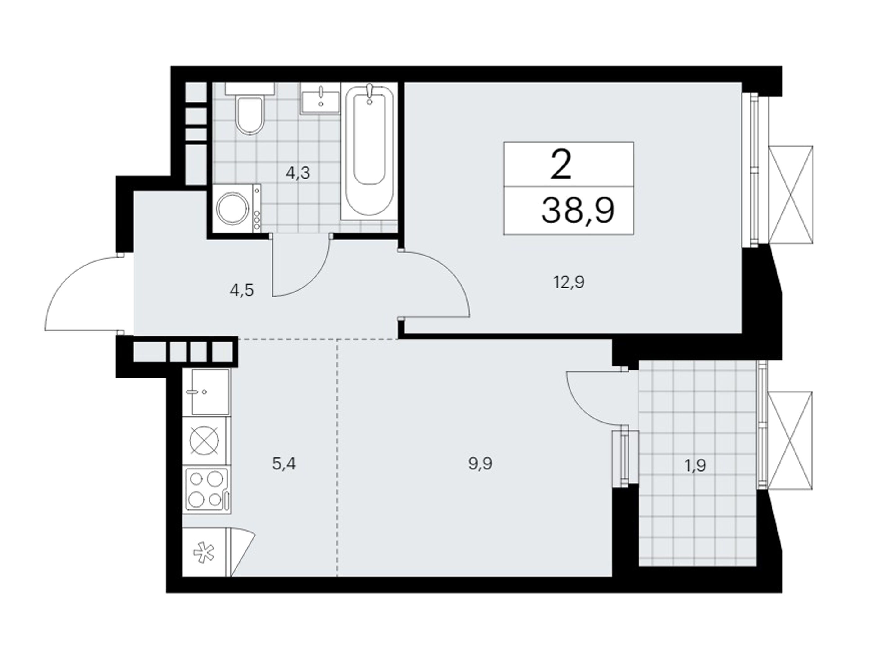 Планировка: 2-комн. квартира 38.90 м² в новостройке Бунинские кварталы