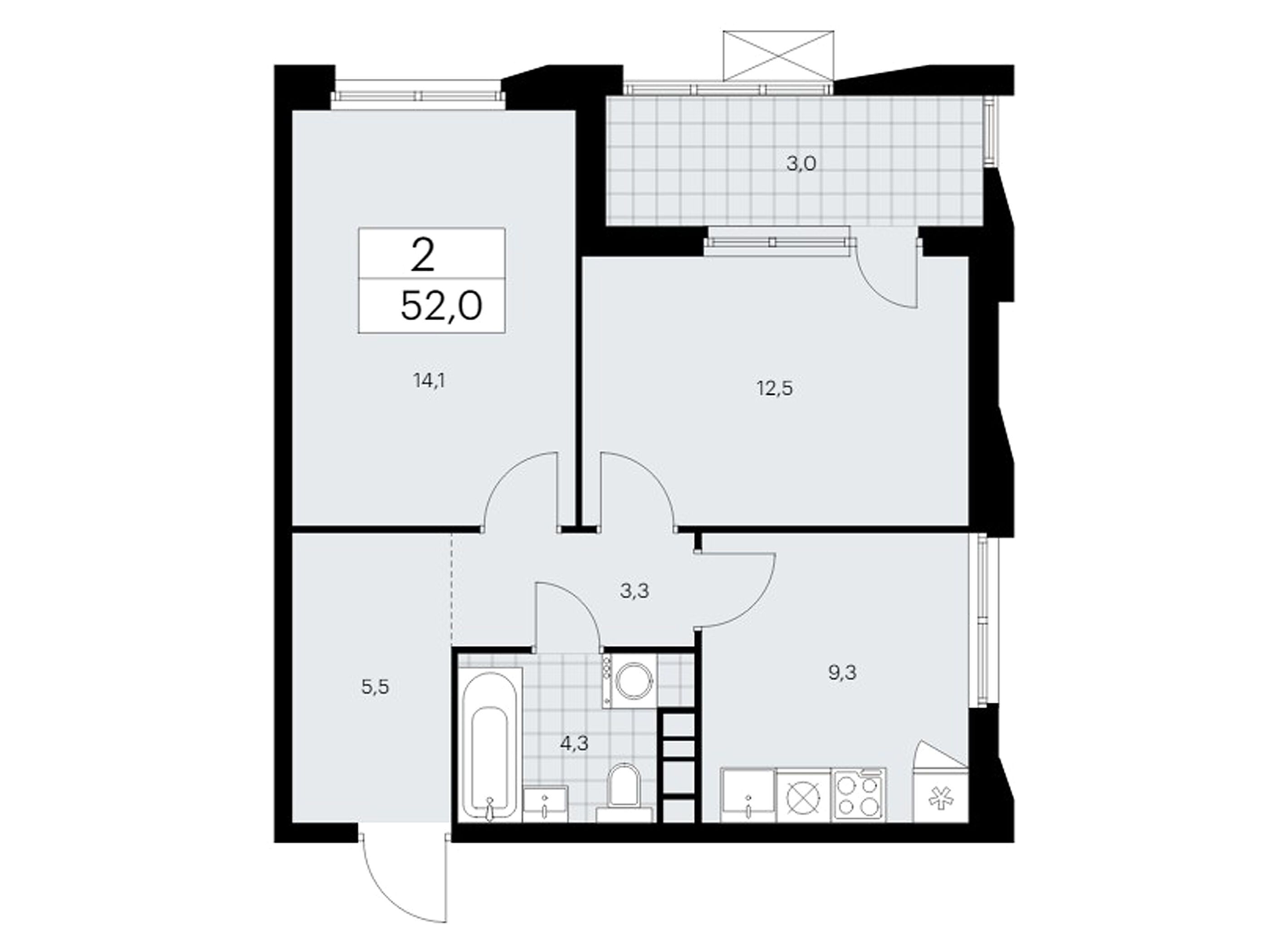 Планировка: 2-комн. квартира 52.00 м² в новостройке Бунинские кварталы