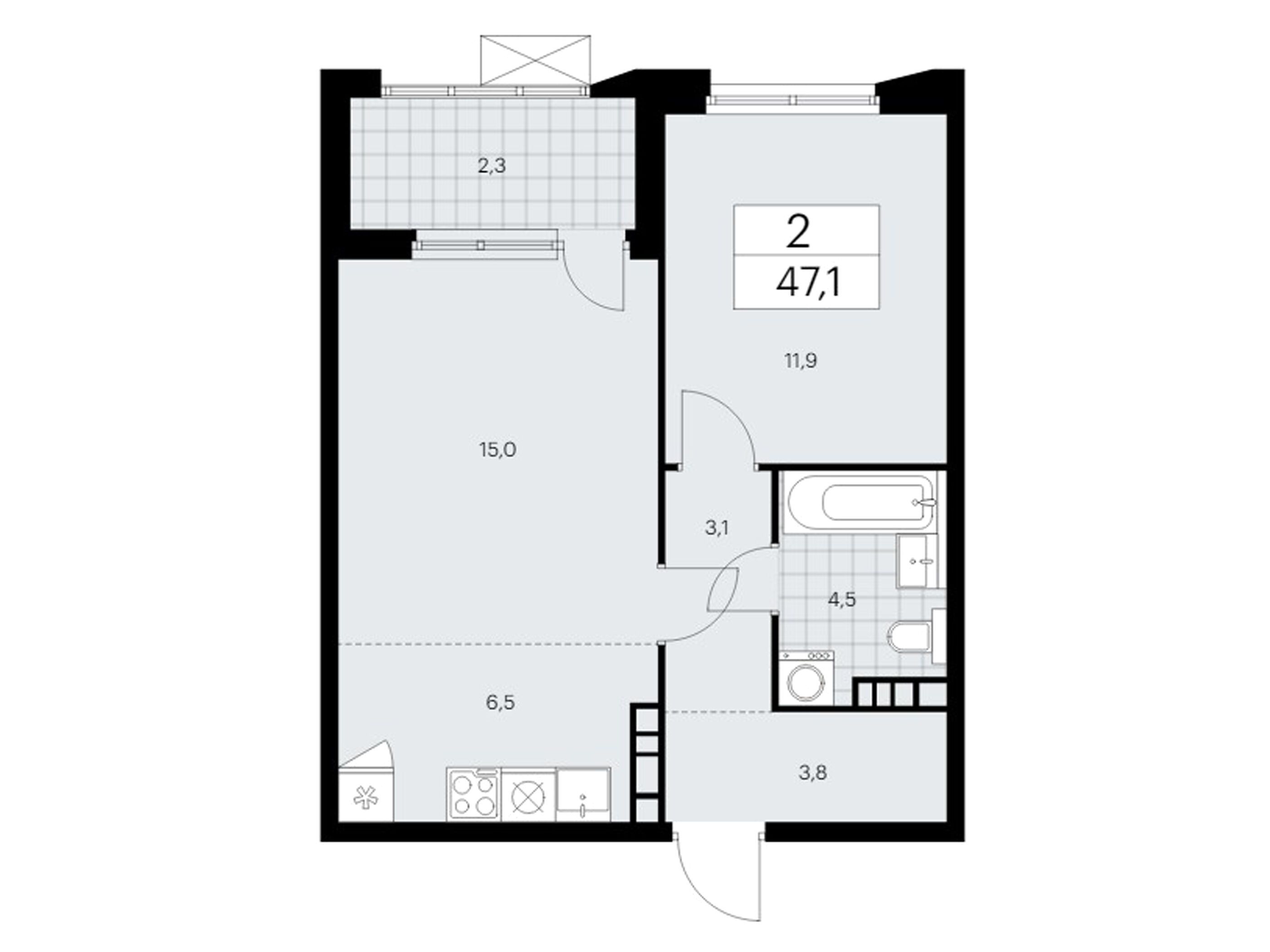 Планировка: 2-комн. квартира 47.10 м² в новостройке Бунинские кварталы