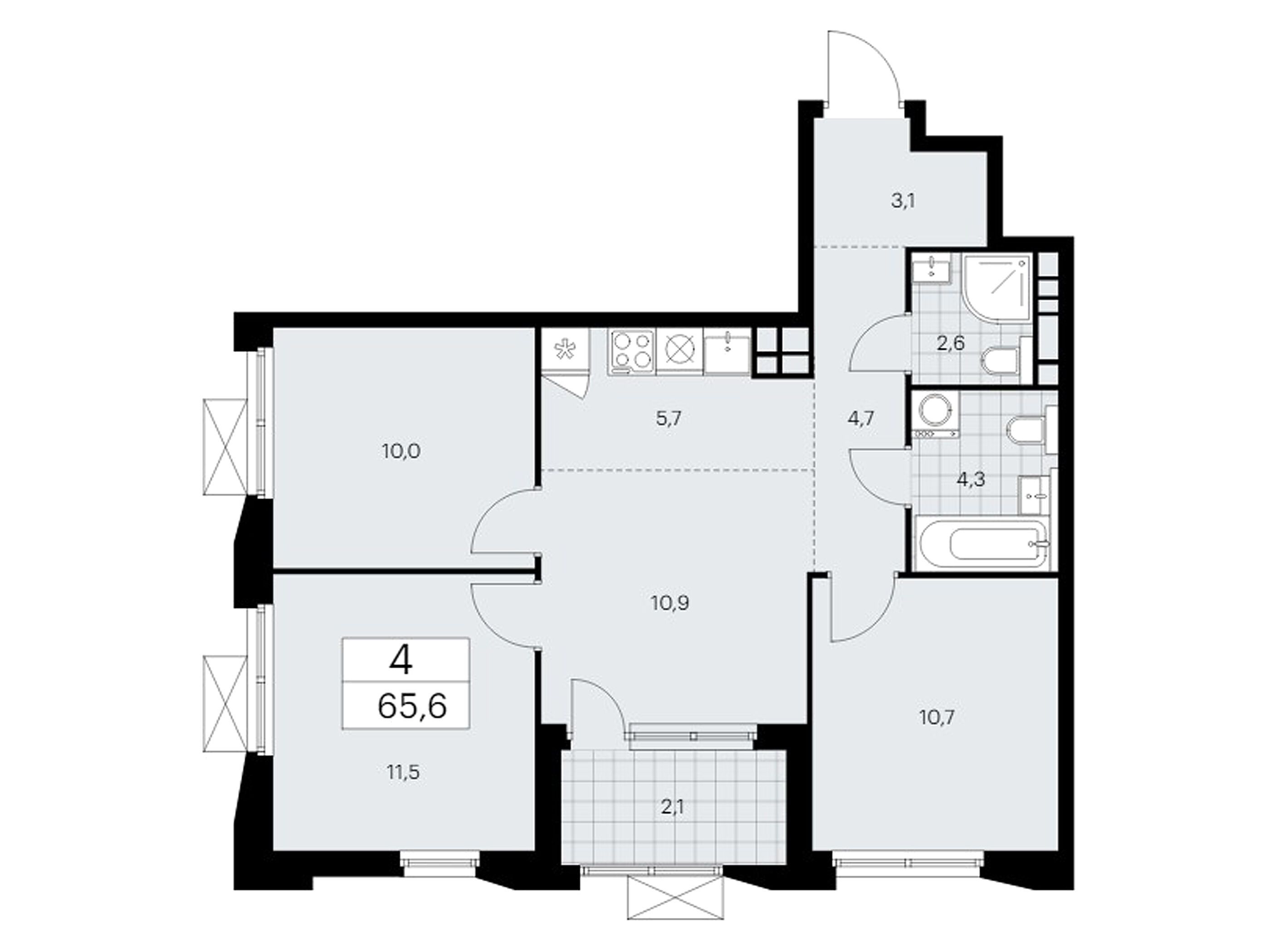 Планировка: 4-комн. квартира 65.60 м² в новостройке Бунинские кварталы