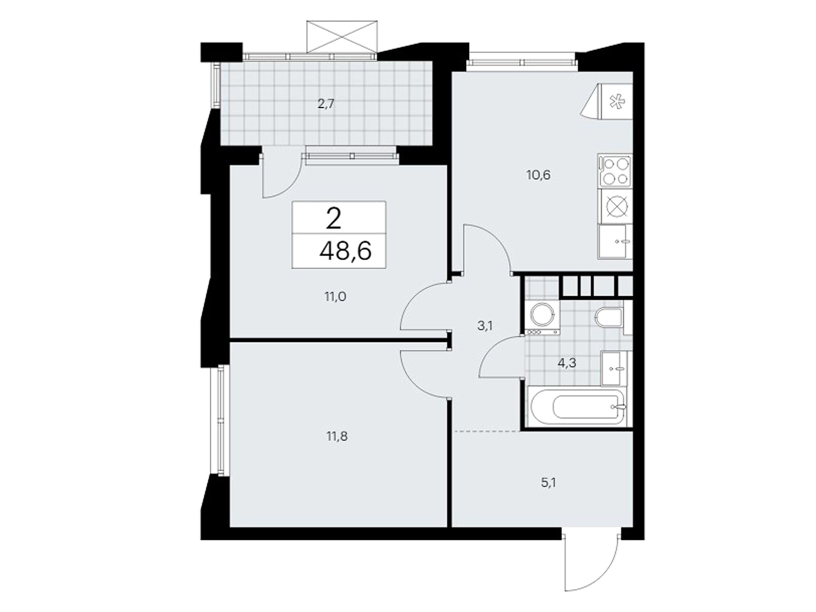 Планировка: 2-комн. квартира 48.60 м² в новостройке Бунинские кварталы